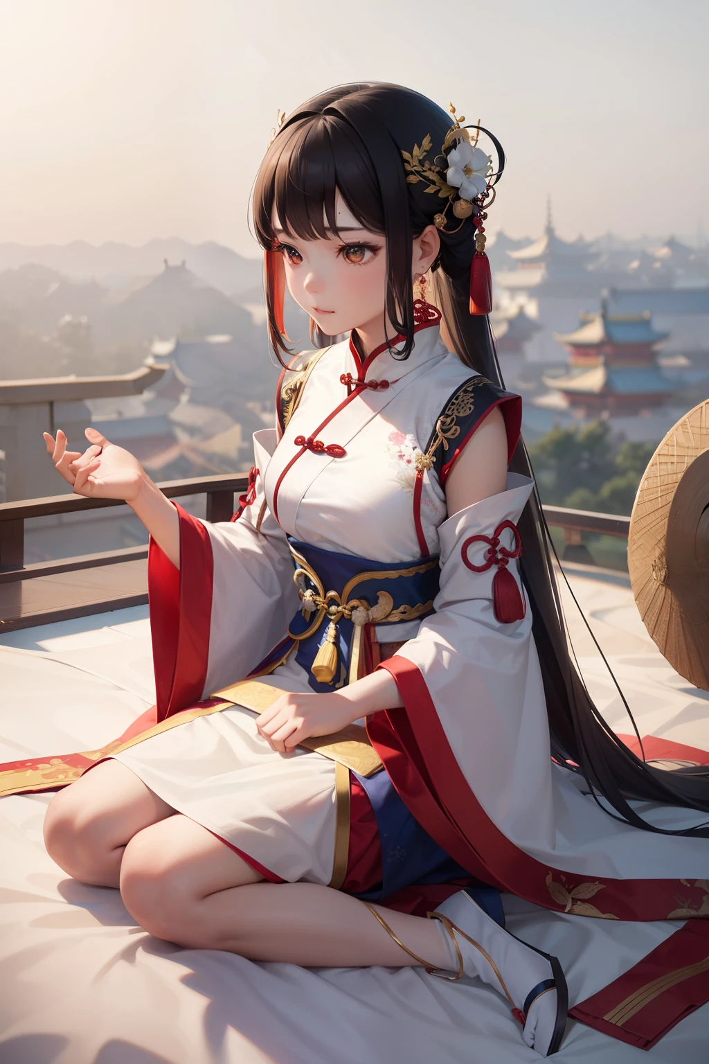 Portrait photography, high angle view, full body poses, an 8--old l dressed in traditional Hanfu attire stands gracefully next to a majestic dragon. This scene embodies Chinese cultural themes, captured through fluid photography techniques, showcasing the essence of the moment. The girl's elegant earrings and delicate hairpins adorn her, adding to the authenticity of the attire. Rendered in stunning 8K resolution, the image is enveloped in a hazy atmosphere, enhancing the mystique of the scene. The Hanfu clothing, inspired by Chinese culture, is rendered with exquisite craftsmanship and intricate details, displaying colors akin to light