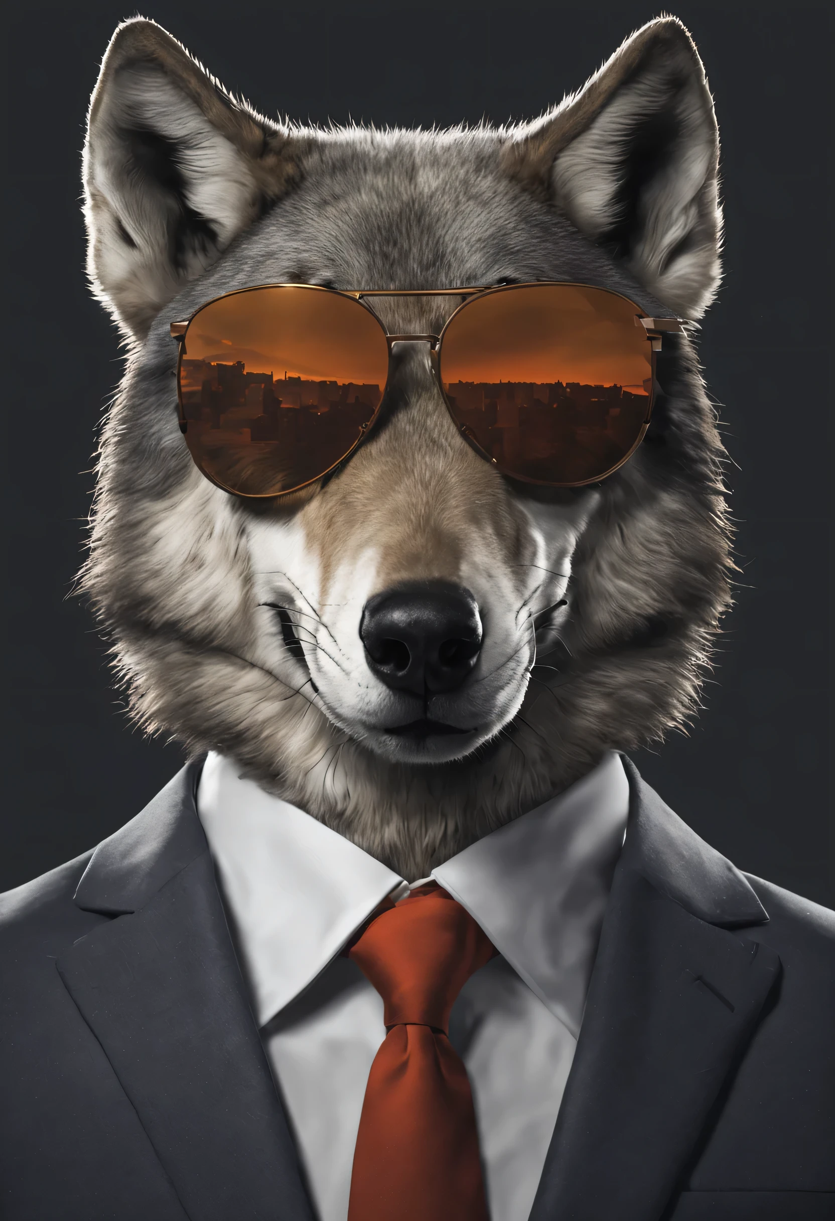 Realistic wolf wearing sunglasses and suit, function as a competent businessman, But it has the head of a wolf