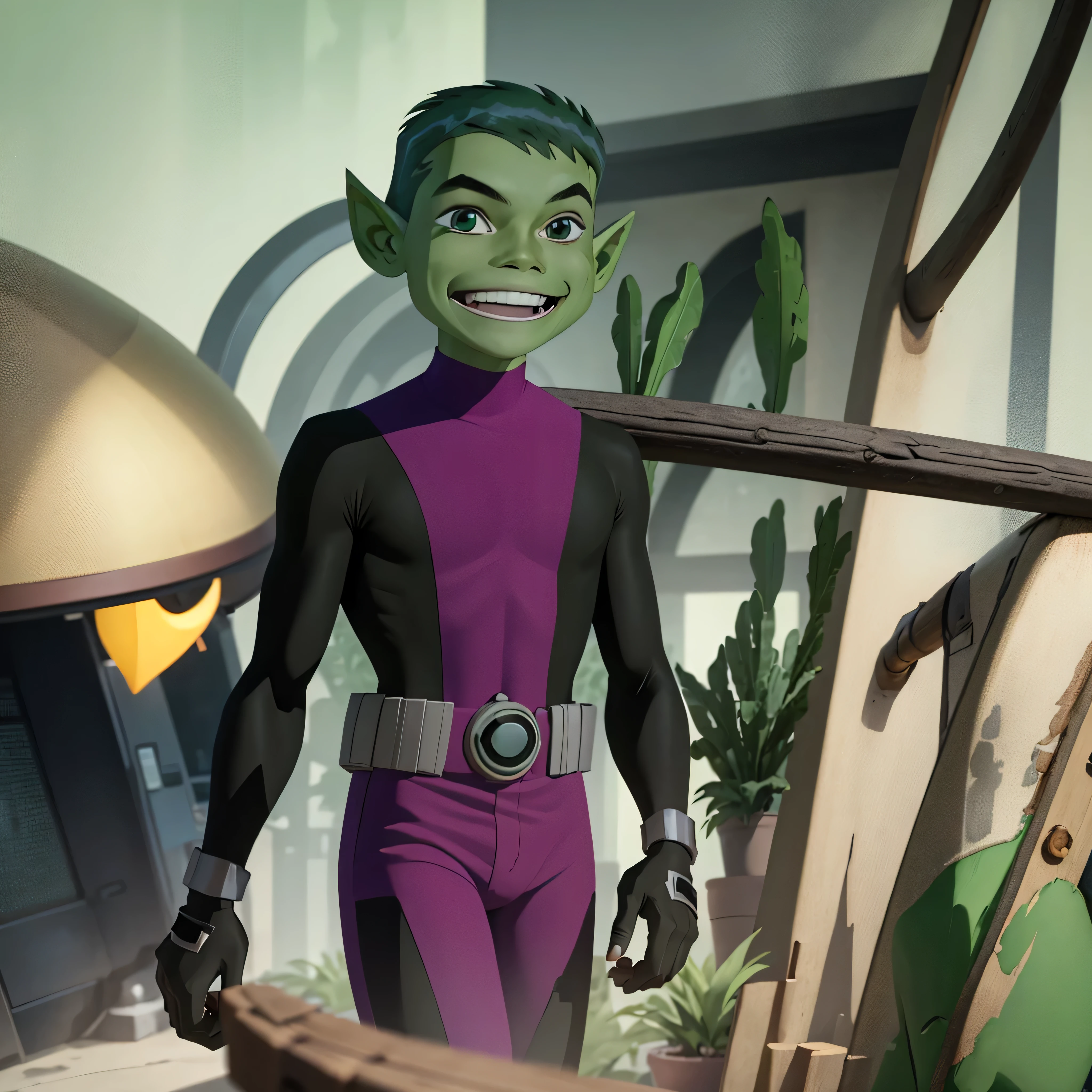 ((masterpiece,best quality)), absurdres, BeastBoy_TeenTitans,   1boy, solo, green eyes, green hair, green skin, colored skin, pointy ears,  purple bodysuit, solo, smiling, looking at viewer, cowboy shot,