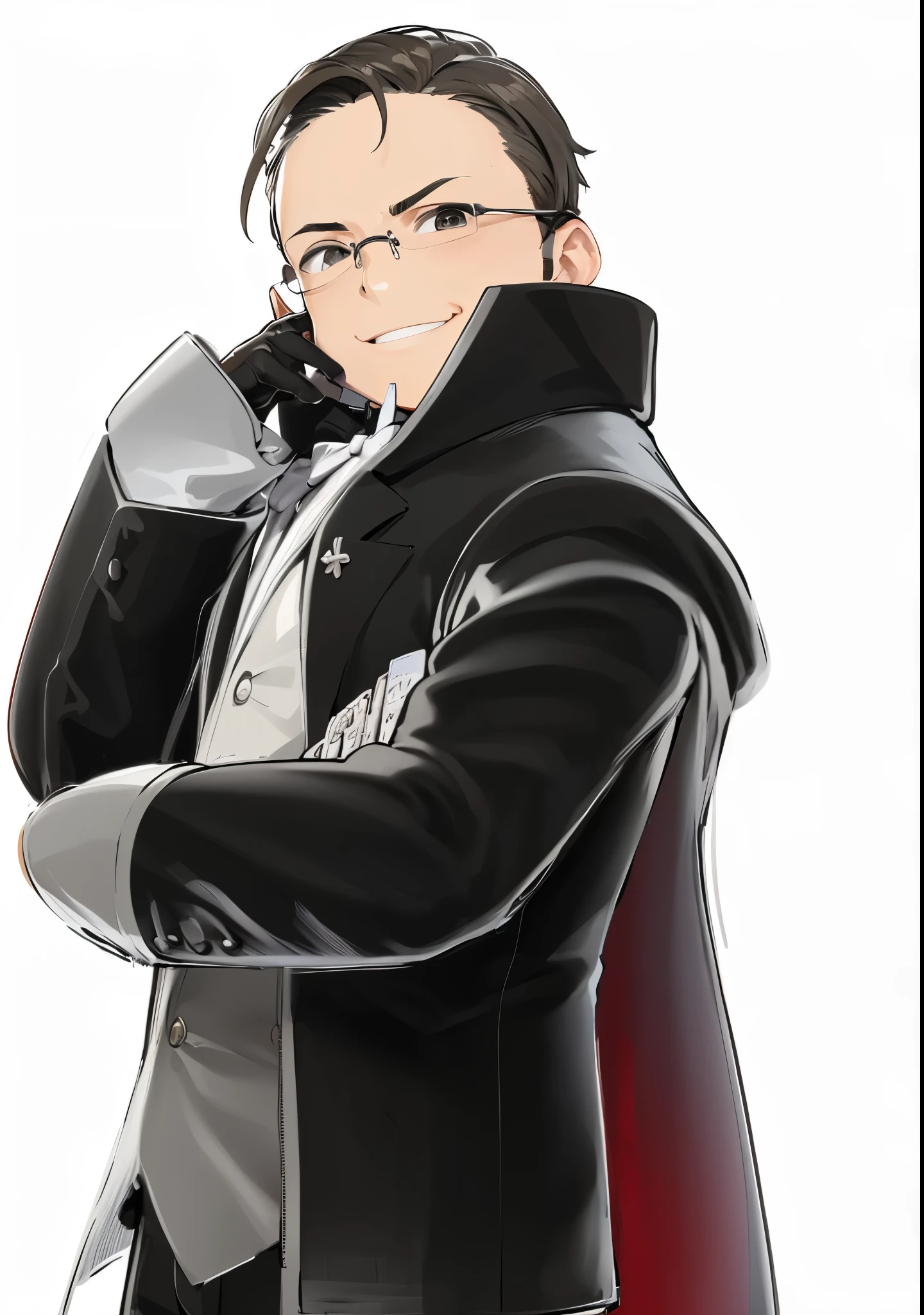 Small weight,adult male,tuxedo,all back,glasses,highest quality,4k,8k,fearless smile