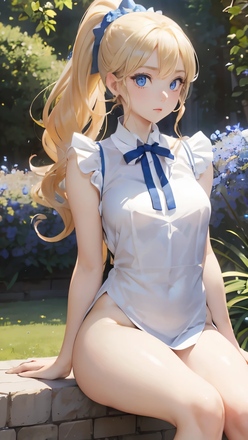 (masterpiece:1.2), (highest quality:1.2),, Curvy but slender body, perfect eyes, perfect face, perfect lighting, 1 girl, in the garden, （blouse），（I can see your feet），（maid），（ponytail），curly hair, fine clothes, detailed outdoor background, compensate, eye shadow, thick eyelashes, fantasy, looking at the viewer, whole body、blue sky、Bright and very beautiful face、young shiny glossy white shiny skin、the best beauty、the most beautiful bright blonde hair in the world、thin hair、long hair、Shining beautiful bangs、big shining blue eyes、Very beautiful and lovely 18 years old, the most beautiful girl in the world、small breasts