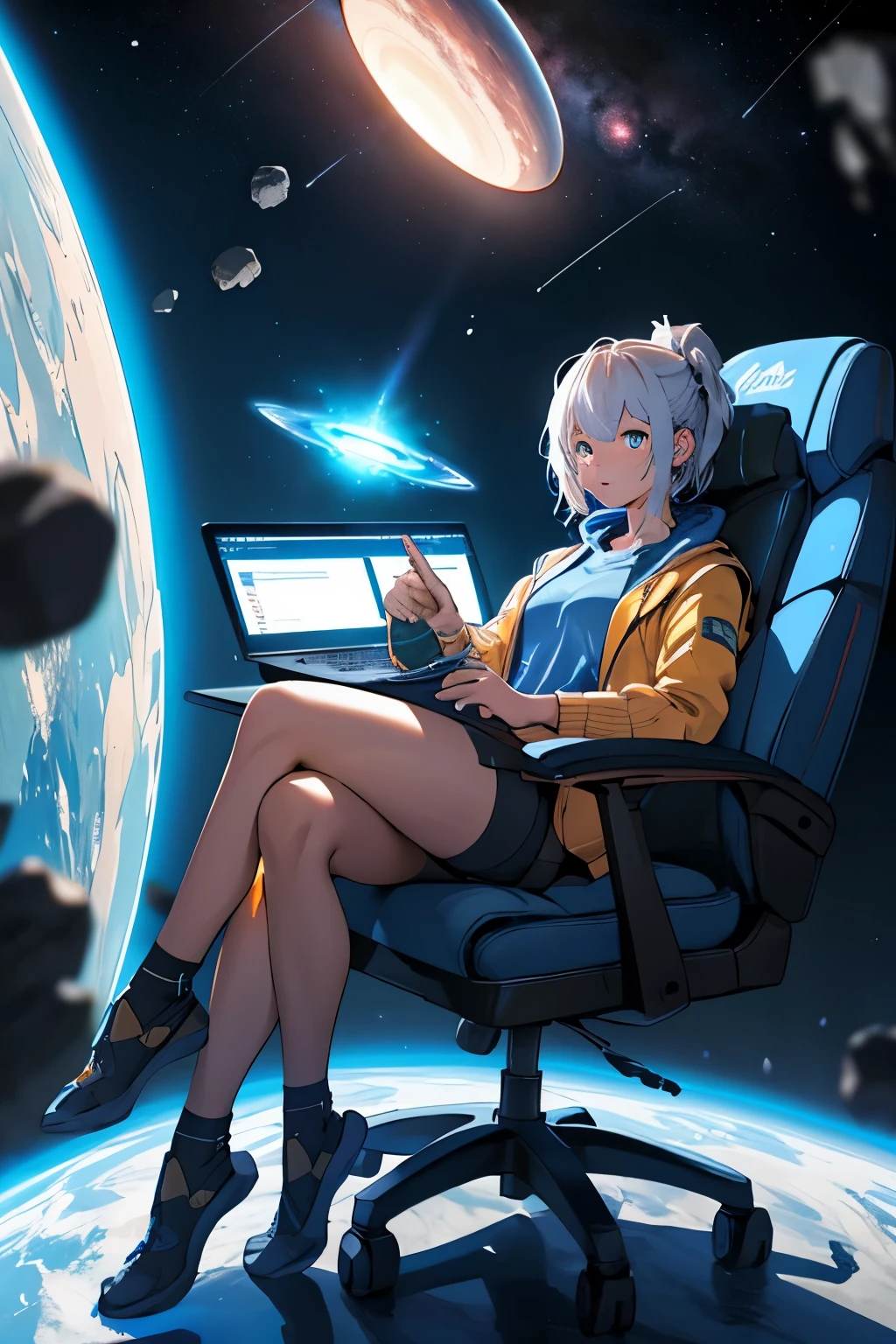 A girl sitting on a chair using computer, planet, glowing asteroid, High quality, ultra realistic, masterpiece, 8k quality