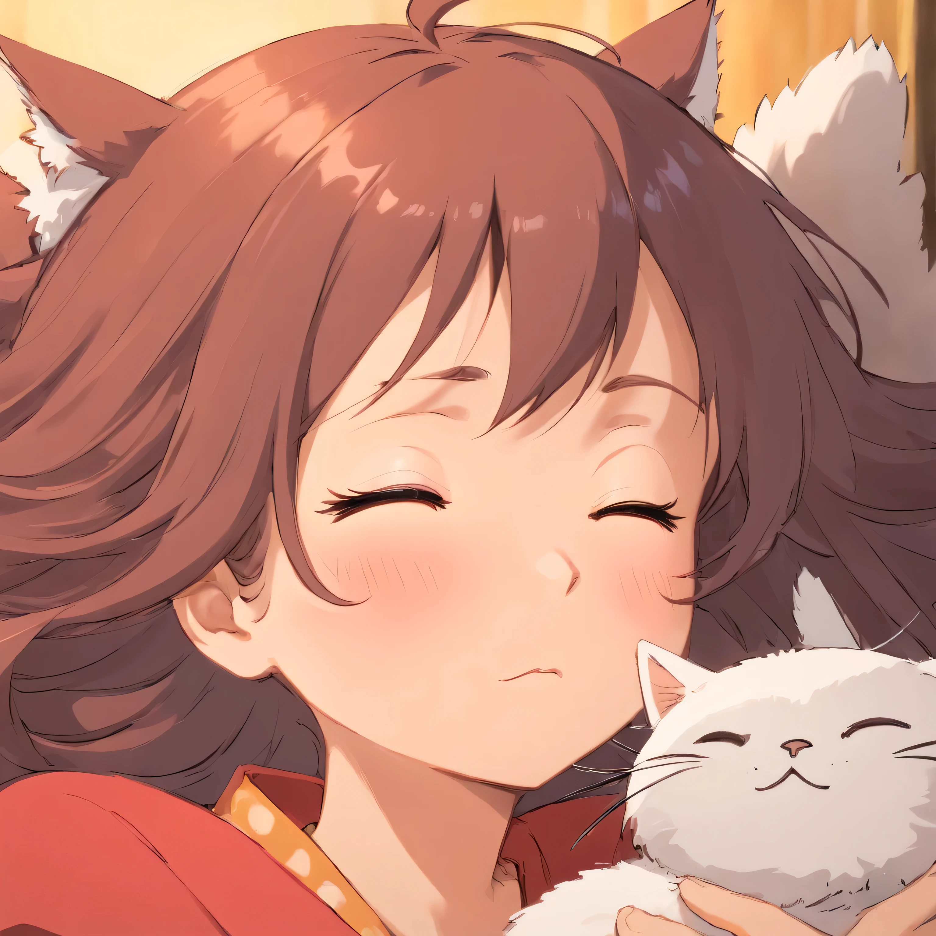 narrowed eyes,visage de face, YEUX TOTALEMENT FERMER, her eyes closed as if she were sleeping, couper les cheveux, Style d'animated,bouche en forme de chat