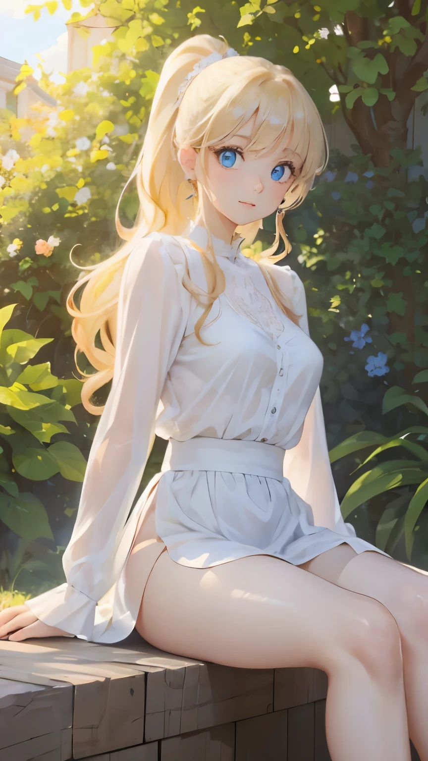 (masterpiece:1.2), (highest quality:1.2),, Curvy but slender body, perfect eyes, perfect face, perfect lighting, 1 girl, in the garden, (blouse),(I can see your feet),(maid),(ponytail),curly hair, fine clothes, detailed outdoor background, compensate, eye shadow, thick eyelashes, fantasy, looking at the viewer, whole body、blue sky、Bright and very beautiful face、young shiny glossy white shiny skin、the best beauty、the most beautiful bright blonde hair in the world、thin hair、long hair、Shining beautiful bangs、big shining blue eyes、Very beautiful and lovely 18 years old, the most beautiful girl in the world、small breasts