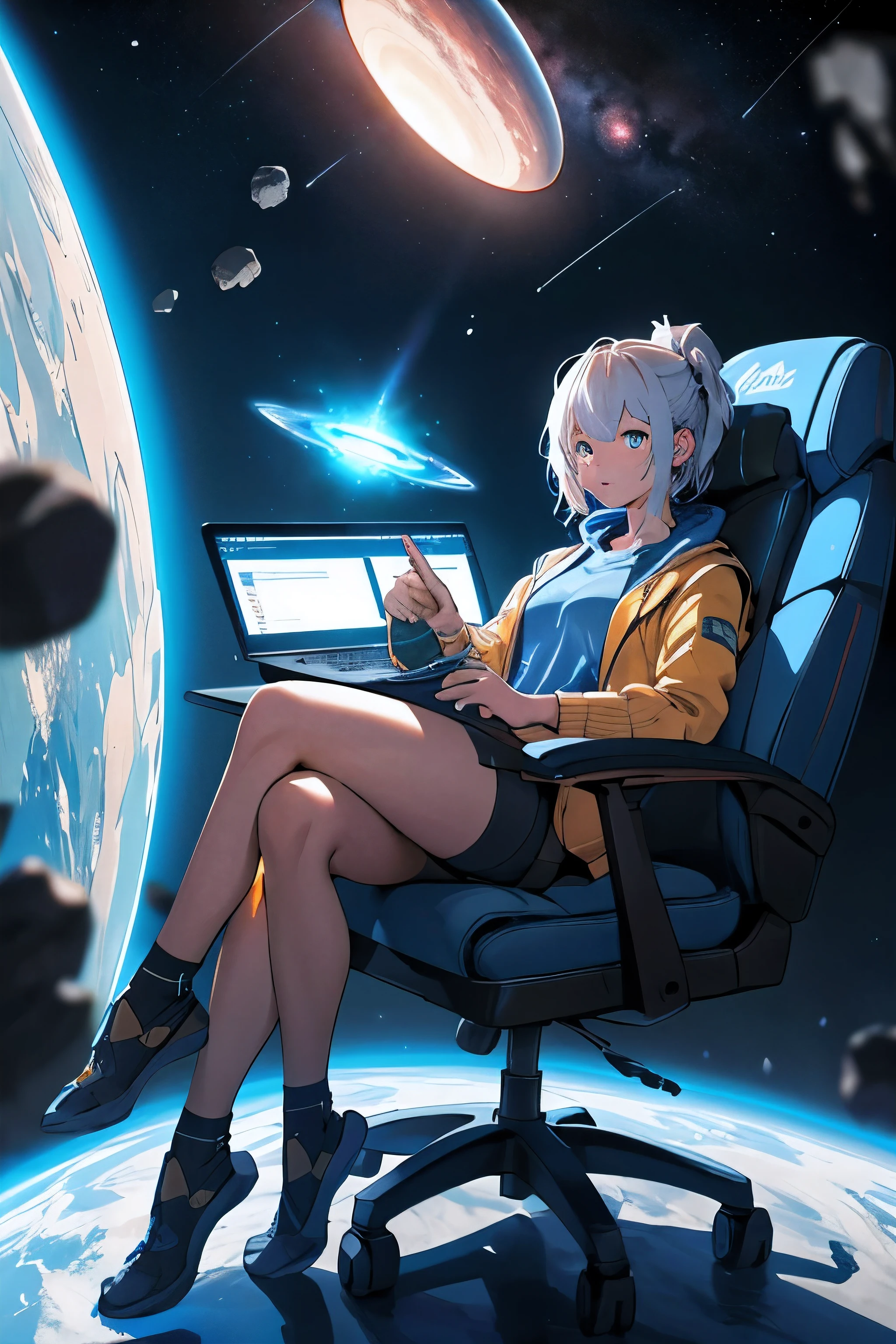 A girl sitting on a chair using computer, planet, glowing asteroid, High quality, ultra realistic, masterpiece, 8k quality