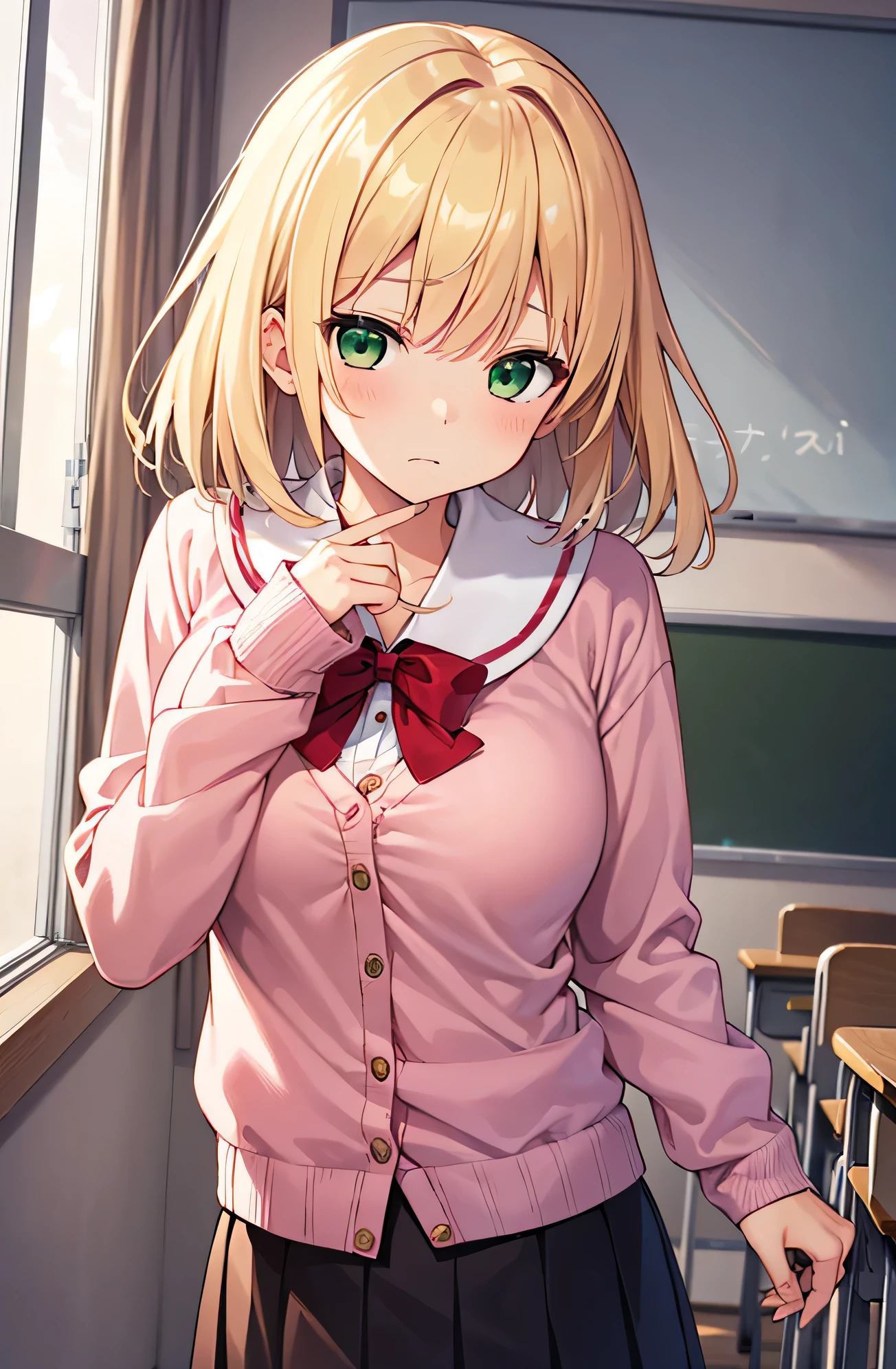 one girl、gal、beautiful blonde、medium hair、bangs、slanted eyes、narrow eyes、green eyes、Small devil、big breasts(C cup)、cute face、cute anime illustration、pink cardigan、sailor suit、long sleeve、red ribbon、black skirt、classroom、(embarrassing:1.1)、happy expression、view audience、sunset、Composition looking down from above
