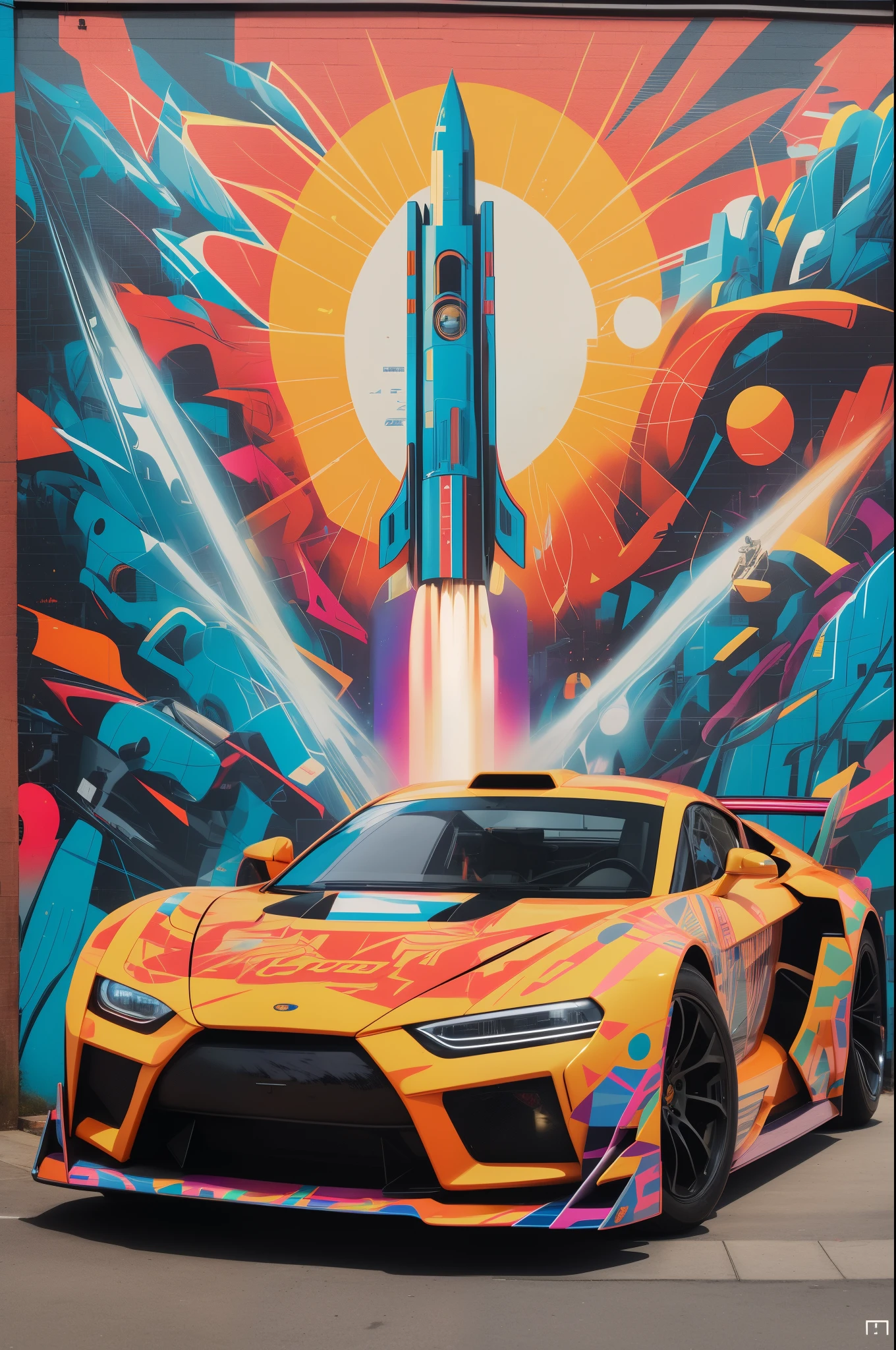 arafed sports car with a rocket on the side of a building, inspired by Tomokazu Matsuyama, street art 8 k, hyperralistic art, hypermaximalism, 4k art, contest winning masterpiece, hyper maximalist, tristan eaton, by Tomokazu Matsuyama, inspired by Okuda Gensō, hyper colorful, hypermaximalistic
