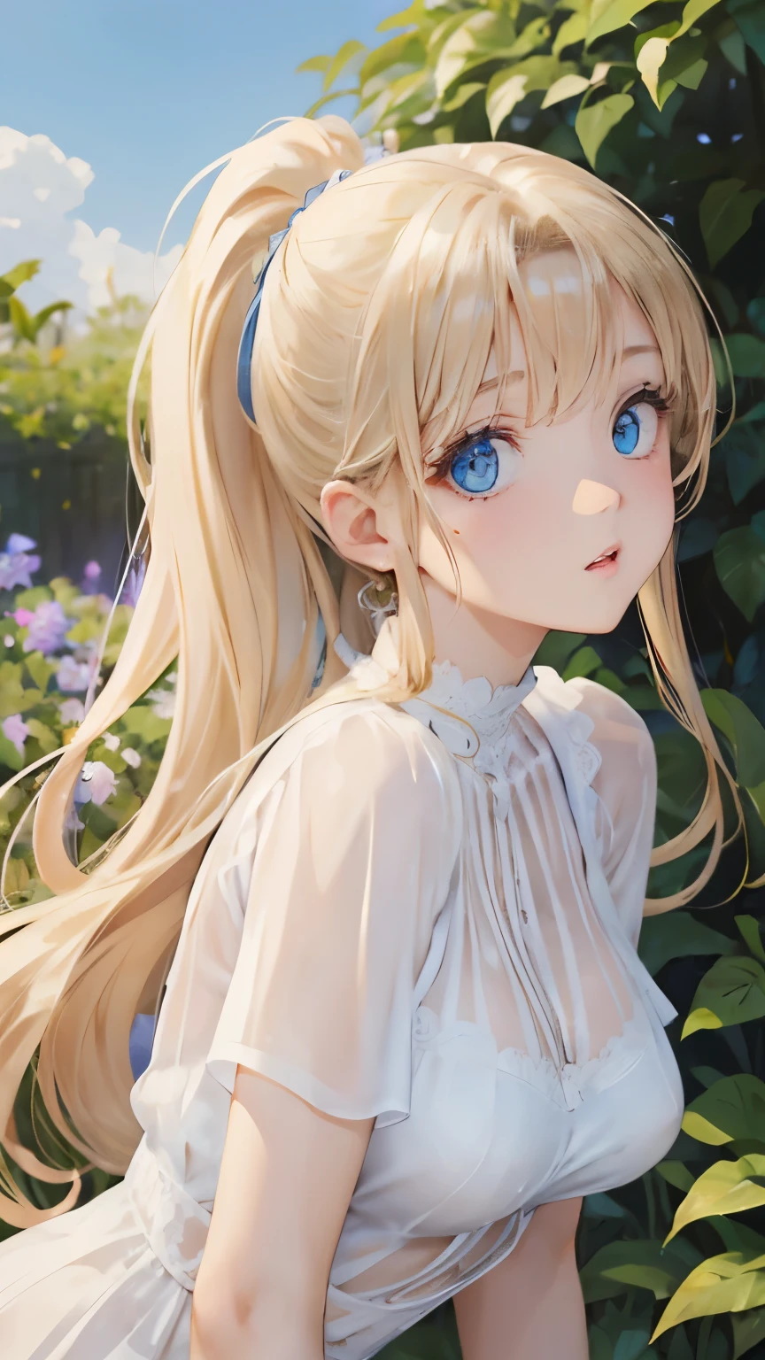 (8k, Highest quality, masterpiece:1.2),The girl looks down in a cowgirl position、Girl looking down from above、Beautiful girls,Young face,Innocent expression,Flat Chest,Blushing,Mouth shape before kissing,A white one-piece dress that lets your skin show、Camera work looking up from the girl's stomach