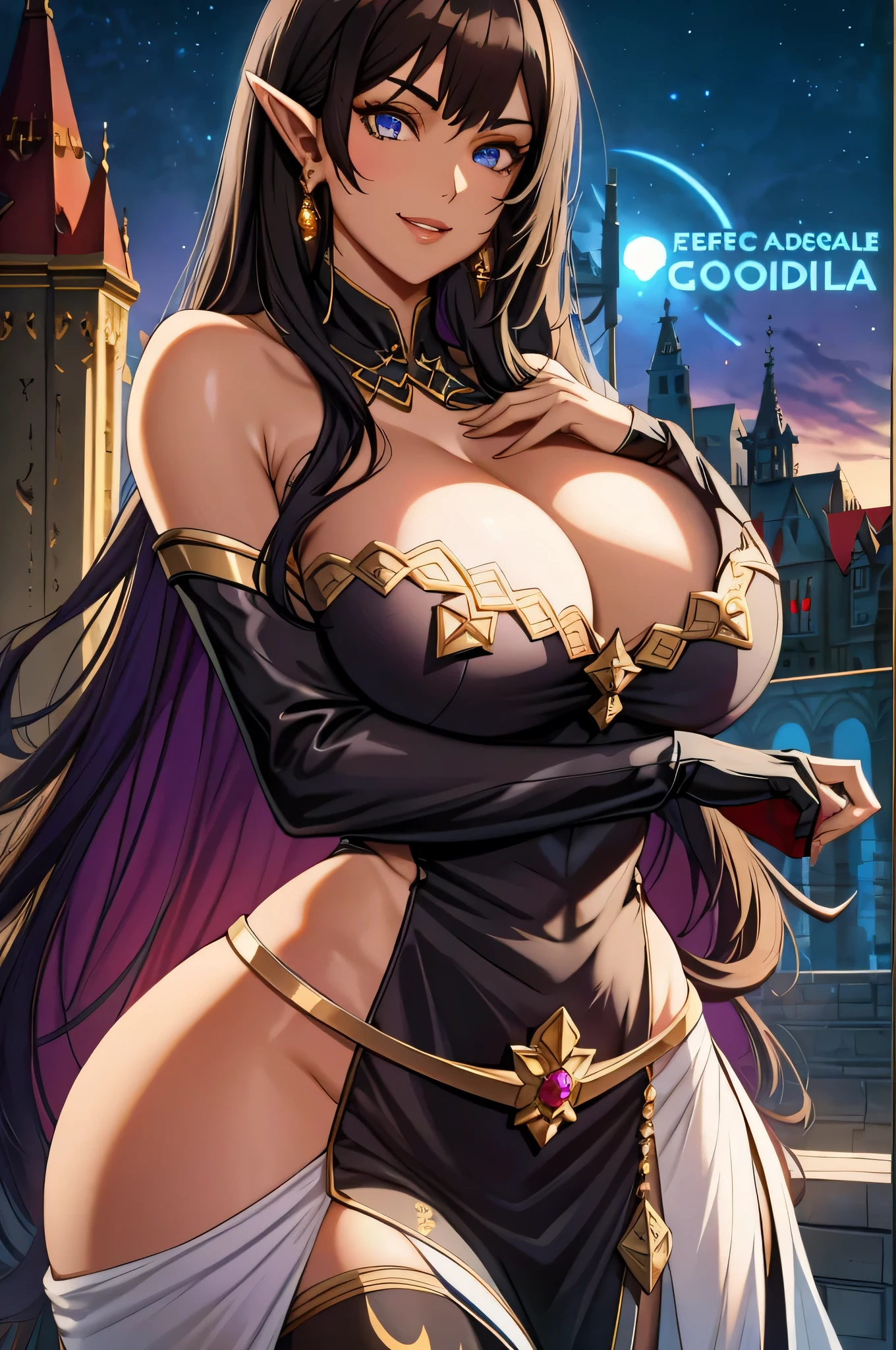 olga discordia, long black hair, long elf ears, dark elf, colored skin, brown skin, hair stick, bangs, blue eyes, solo, smiling, standing, upper body, hips, bare shoulders,purple thighhighs,white dress, gold jewelry,armor,gloves,circlet, cleavage, red and gold royal castle, gigantic breasts, (best quality, masterpiece, beautiful and aesthetic:1.2, highest detailed face, perfect face,) eyes, perfect face,expressive eyes,
looking at viewer, in the center of the image,(Upper_body),(Focus on her face),
official art,extremely detailed CG unity 8k wallpaper, perfect lighting,Colorful,
(masterpiece:1.0),(best_quality:1.0), ultra high res,4K,ultra-detailed