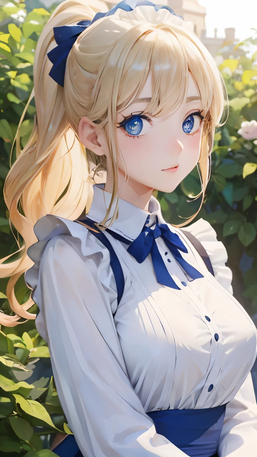 (masterpiece:1.2), (highest quality:1.2),, Curvy but slender body, perfect eyes, perfect face, perfect lighting, 1 girl, in the garden, （blouse），（whole bodyの姿が見える），（maid），（ponytail），curly hair, fine clothes, detailed outdoor background, compensate, eye shadow, thick eyelashes, fantasy, looking at the viewer, whole body、blue sky、Bright and very beautiful face、young shiny glossy white shiny skin、the best beauty、the most beautiful bright blonde hair in the world、thin hair、long hair、Shining beautiful bangs、big shining blue eyes、Very beautiful and lovely 18 years old, the most beautiful girl in the world、small breasts