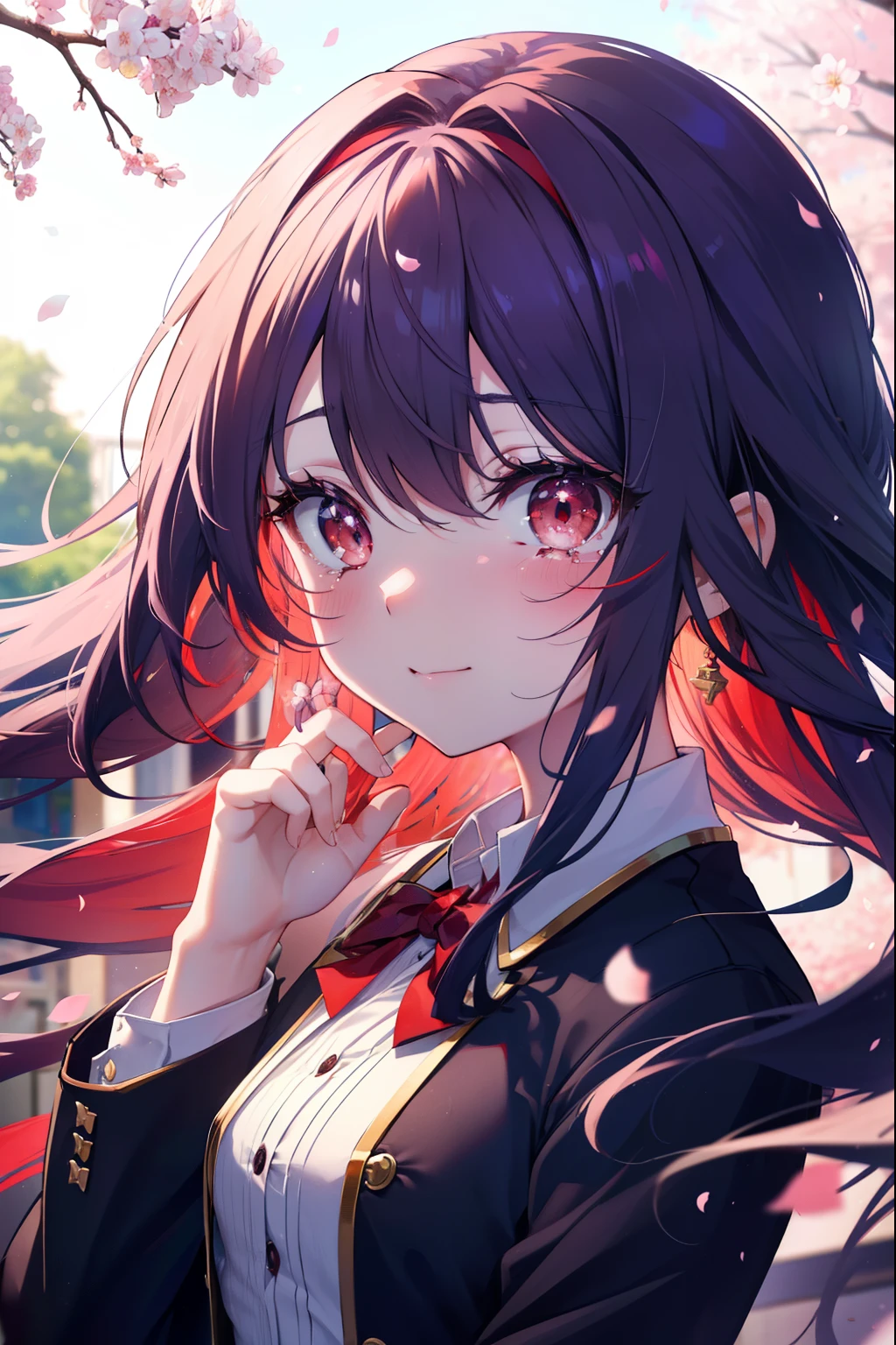 yuukikonno, Yuki Konno, hair band, long hair, pointed ears, purple hair, (red eyes:1.5), (small breasts:1.2), smile,blush,happy atmosphere,
tears run down her face,Crying with joy,
high school uniform,white dress shirt,red ribbon,purple blazer,black pleated skirt,white pantyhose,brown loafers,Cherry blossom tree-lined path,Cherry blossoms are scattered,
break looking at viewer, Upper body, whole body,
break outdoors, School gates,
break (masterpiece:1.2), highest quality, High resolution, unity 8k wallpaper, (figure:0.8), (detailed and beautiful eyes:1.6), highly detailed face, perfect lighting, Very detailed CG, (perfect hands, perfect anatomy),