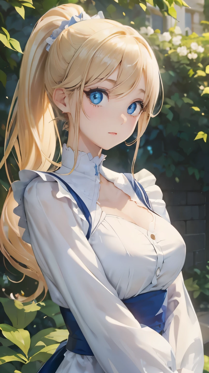 (masterpiece:1.2), (highest quality:1.2),, Curvy but slender body, perfect eyes, perfect face, perfect lighting, 1 girl, in the garden, (blouse),(whole bodyの姿が見える),(maid),(ponytail),curly hair, fine clothes, detailed outdoor background, compensate, eye shadow, thick eyelashes, fantasy, looking at the viewer, whole body、blue sky、Bright and very beautiful face、young shiny glossy white shiny skin、the best beauty、the most beautiful bright blonde hair in the world、thin hair、long hair、Shining beautiful bangs、big shining blue eyes、Very beautiful and lovely 18 years old, the most beautiful girl in the world、small breasts