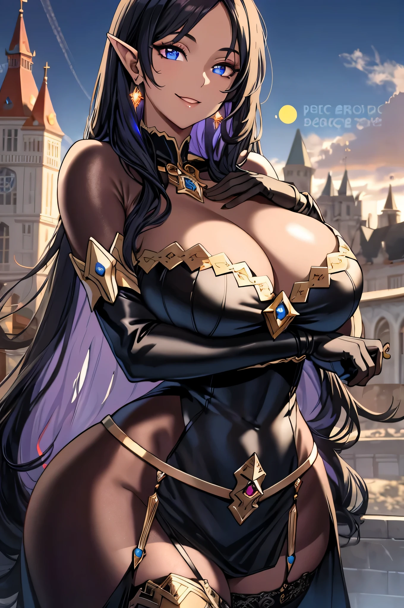 olga discordia, long black hair, long elf ears, dark elf, colored skin, brown skin, hair stick, bangs, blue eyes, solo, smiling, standing, upper body, hips, bare shoulders,purple thighhighs,whie dress, gold jewelry,armor,gloves,circlet, cleavage, red and gold royal castle, gigantic breasts, (best quality, masterpiece, beautiful and aesthetic:1.2, highest detailed face, perfect face,)  eyes, perfect face,expressive eyes,
looking at viewer, in the center of the image,(Upper_body),(Focus on her face),
official art,extremely detailed CG unity 8k wallpaper, perfect lighting,Colorful, 
(masterpiece:1.0),(best_quality:1.0), ultra high res,4K,ultra-detailed
