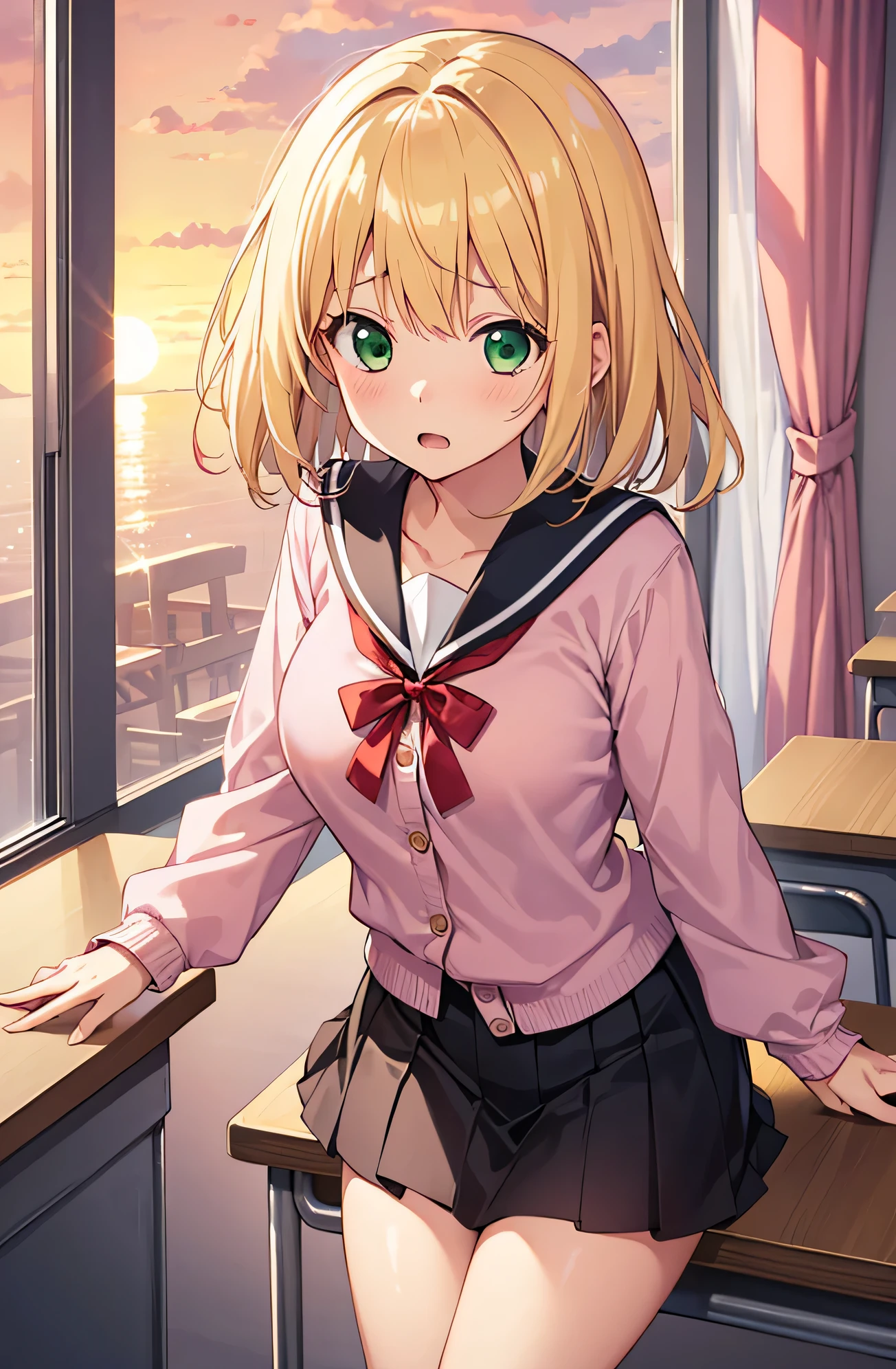 one girl、gal、beautiful blonde、medium hair、bangs、slanted eyes、narrow eyes、green eyes、Small devil、big breasts(C cup)、cute face、cute anime illustration、pink cardigan、sailor suit、long sleeve、red ribbon、black skirt、classroom、(surprised expression:1.3)、sunset