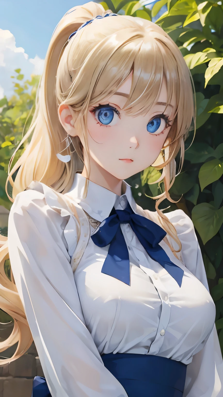 (masterpiece:1.2), (highest quality:1.2),, Curvy but slender body, perfect eyes, perfect face, perfect lighting, 1 girl, in the garden, （blouse），（whole bodyの姿が見える），（maid），（ponytail），curly hair, fine clothes, detailed outdoor background, compensate, eye shadow, thick eyelashes, fantasy, looking at the viewer, whole body、blue sky、Bright and very beautiful face、young shiny glossy white shiny skin、the best beauty、the most beautiful bright blonde hair in the world、thin hair、long hair、Shining beautiful bangs、big shining blue eyes、Very beautiful and lovely 18 years old, the most beautiful girl in the world、small breasts