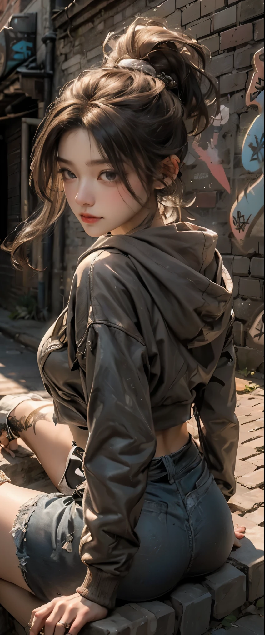 masterpiece、highest quality、High resolution、photorealistic、High resolution、Raw photo、Huge brick wall with graffiti on it、A back alley surrounded by a brick wall、graffiti art、hip hop、1girl、A woman wearing a hoodie is sitting、shiny skin、realistic skin texture、natural lighting、shine of necklace、dynamic pose、Spray can、detailed face and eyes、beautiful face、ponytail、look at the audience、 big breasts、big ass、