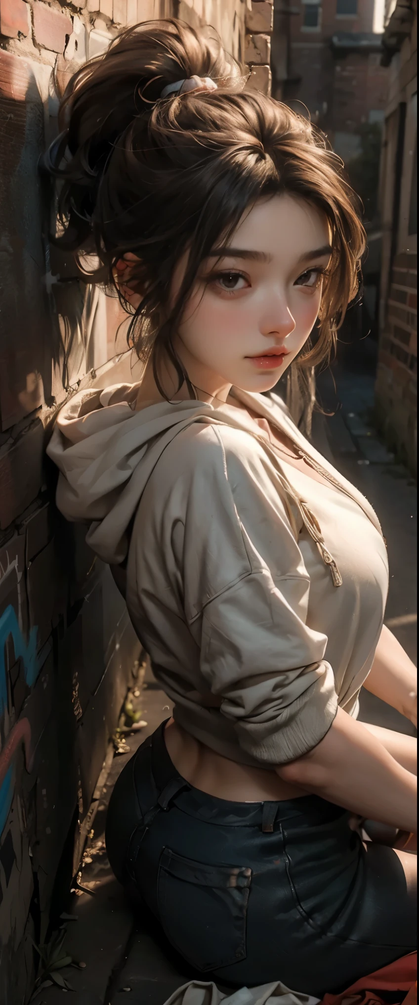 masterpiece、highest quality、High resolution、photorealistic、High resolution、Raw photo、Huge brick wall with graffiti on it、A back alley surrounded by a brick wall、graffiti art、hip hop、1girl、A woman wearing a hoodie is sitting、shiny skin、realistic skin texture、natural lighting、shine of necklace、dynamic pose、Spray can、detailed face and eyes、beautiful face、ponytail、look at the audience、 big breasts、big ass、