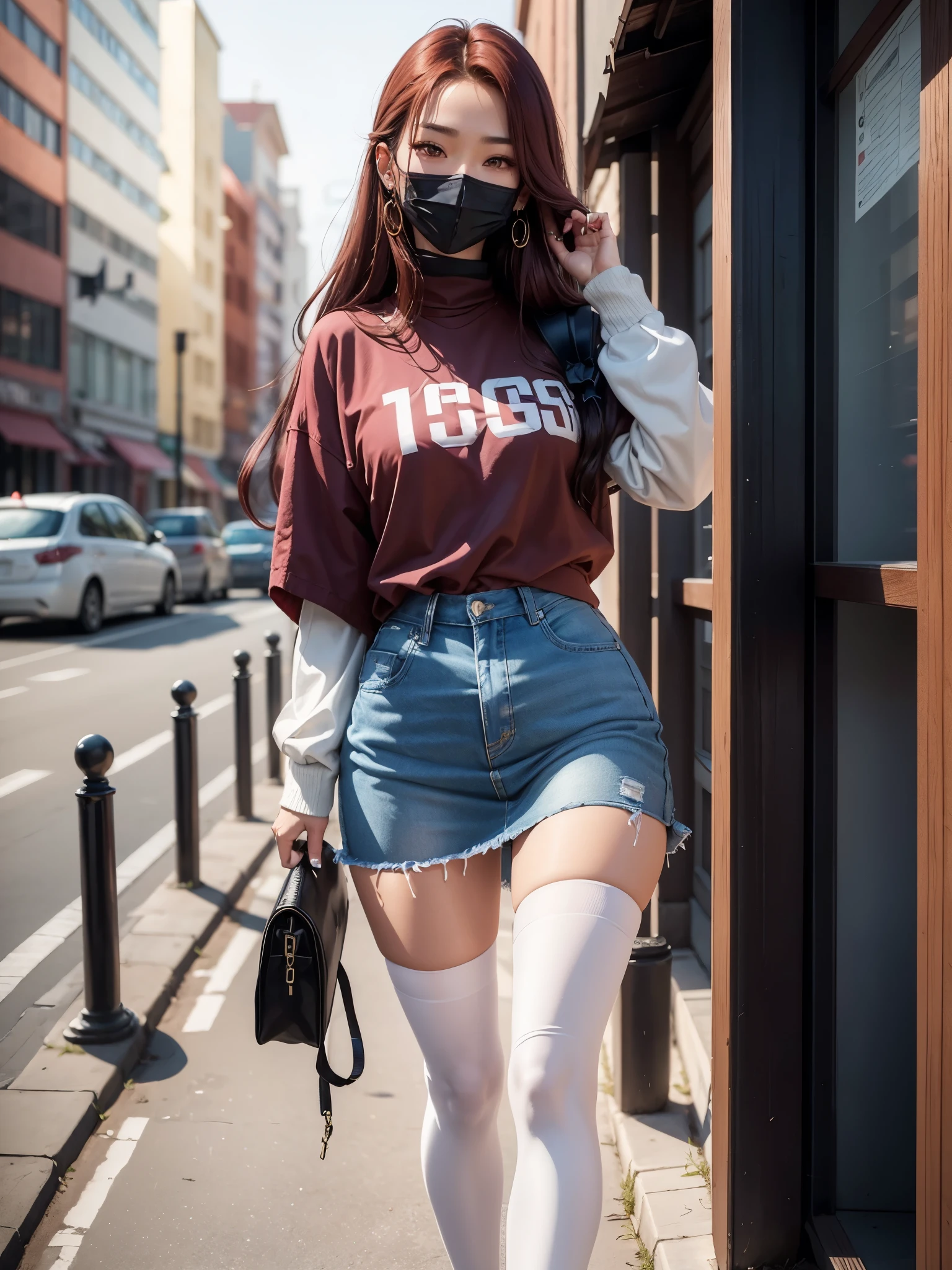 masterpiece, best quality, (photorealistic) (1 girl), full body shot, (166cm tall), ************, casual streetwear outfit, skinny-athletic body type, long noticeably maroon hair, detailed face, medium breasts, medium ass, random background, korean-japanese ethnicity, facing viewer, head similar to Jisoo, brown eyes, subtle smile, no earrings.