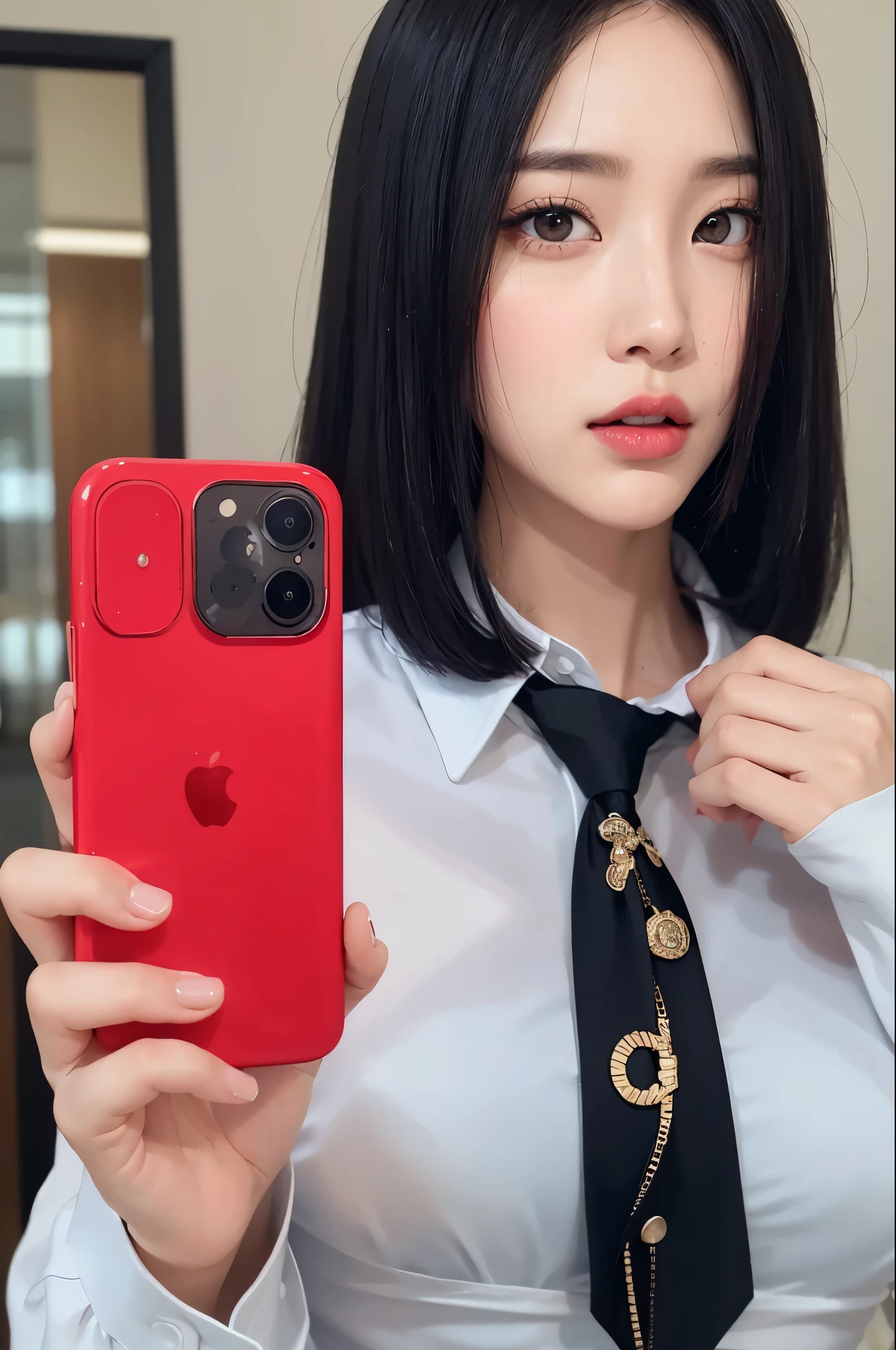 woman wearing a white shirt and black tie holding a red phone, con manzana, ulzzang, kim taejin, she is holding a smartphone, color rojoed, jaeyeon nam, muchacha coreana, heonhwa choe, iPhone 12, bottom angle, lee ji-eun, lee ji - eun, solo negro y rojo, color rojo