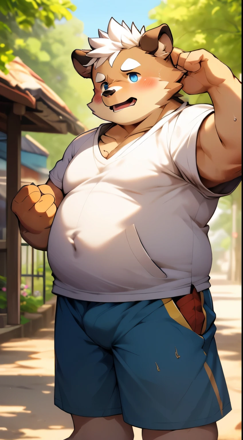 (best quality, 4k, highres, realistic:1.2), boar pig , furry, white-haired, fattish man, naked, powerful, ultra-clear, middle-aged man:1.1, black casual pants , obscene,  gold pupils, big eyes:1.1,  tongue hanging out in anticipation, snicker, elegance, abdominal muscle, soft body , in rags , solitary, sweat, large dick, noticeable abs,  rustic style, large, looking at the audience, facing the street, western suit