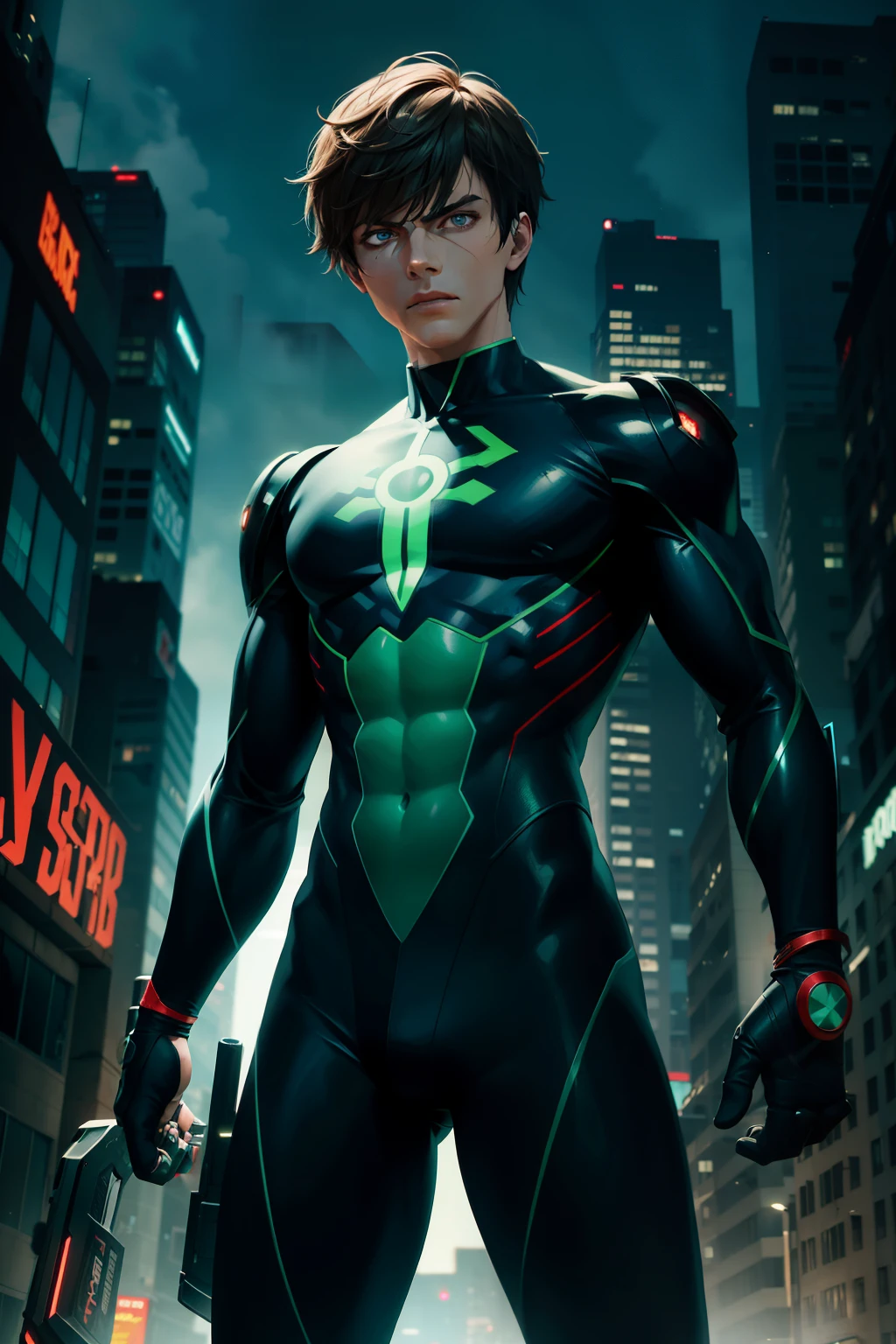 Ben 10, solo, superhero outfit, red and blue colors, muscular build, short brown hair, blue eyes, determined expression, dynamic lighting, hyper-realistic, high definition, action pose, Alien X, green skin, sharp features, intense gaze, glowing eyes, intricate details, ARMOR-LIKE STRUCTURE, mechanical limbs, advanced technology, night scene, urban background, intense battle, neon lights, gritty textures, cinematic visuals, comic book style.