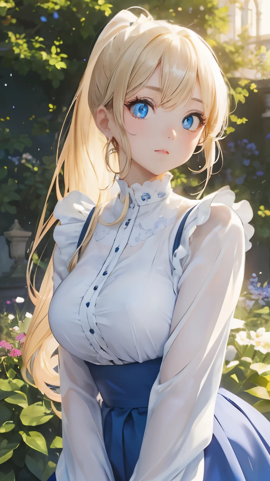 (masterpiece:1.2), (highest quality:1.2),, Curvy but slender body, perfect eyes, perfect face, perfect lighting, 1 girl, in the garden, （blouse），（skirt），（maid），（ponytail），curly hair, fine clothes, detailed outdoor background, compensate, eye shadow, thick eyelashes, fantasy, looking at the viewer, whole body、blue sky、Bright and very beautiful face、young shiny glossy white shiny skin、the best beauty、the most beautiful bright blonde hair in the world、thin hair、long hair、Shining beautiful bangs、big shining blue eyes、Very beautiful and lovely 18 years old, the most beautiful girl in the world、small breasts