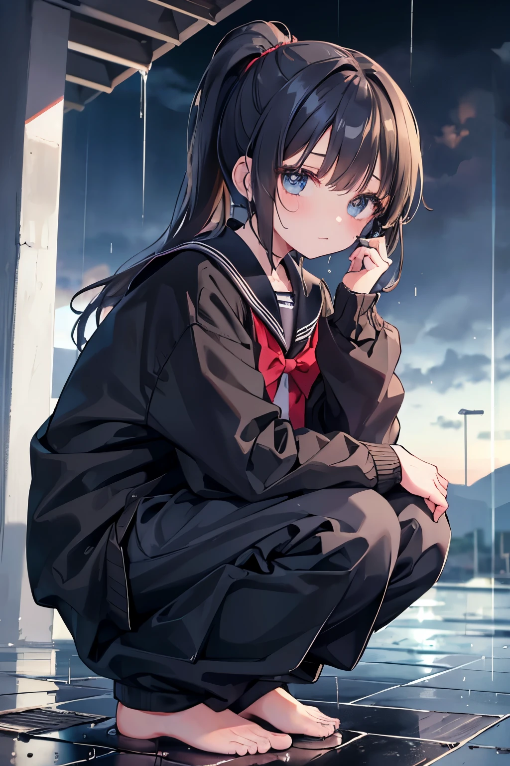 1 girl, long sleeve sailor suit, black sailor suit ponytail,  baggy pants, School, It&#39;s raining in the background, whole body, squatting down, the girl is wet in the rain, wearing a cardigan over, barefoot, wet hair