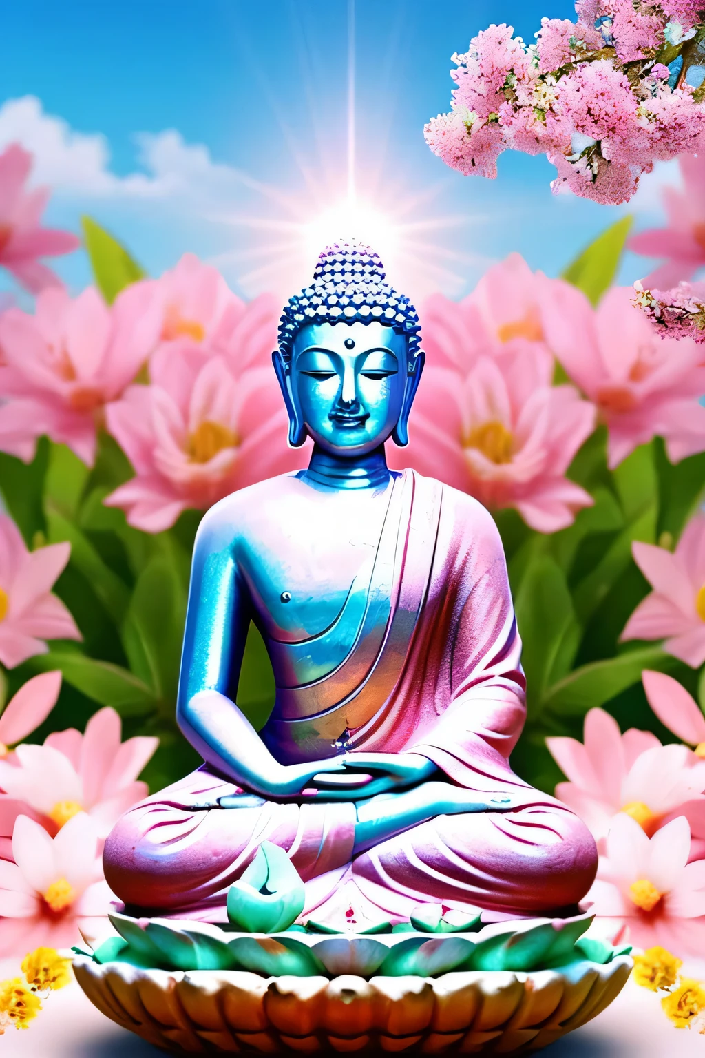 Buddha statue Buddha front looking here halo is shining upper body only body is 70 on screen%occupation join hands realistic illustration The background is full of flowers background color is pink