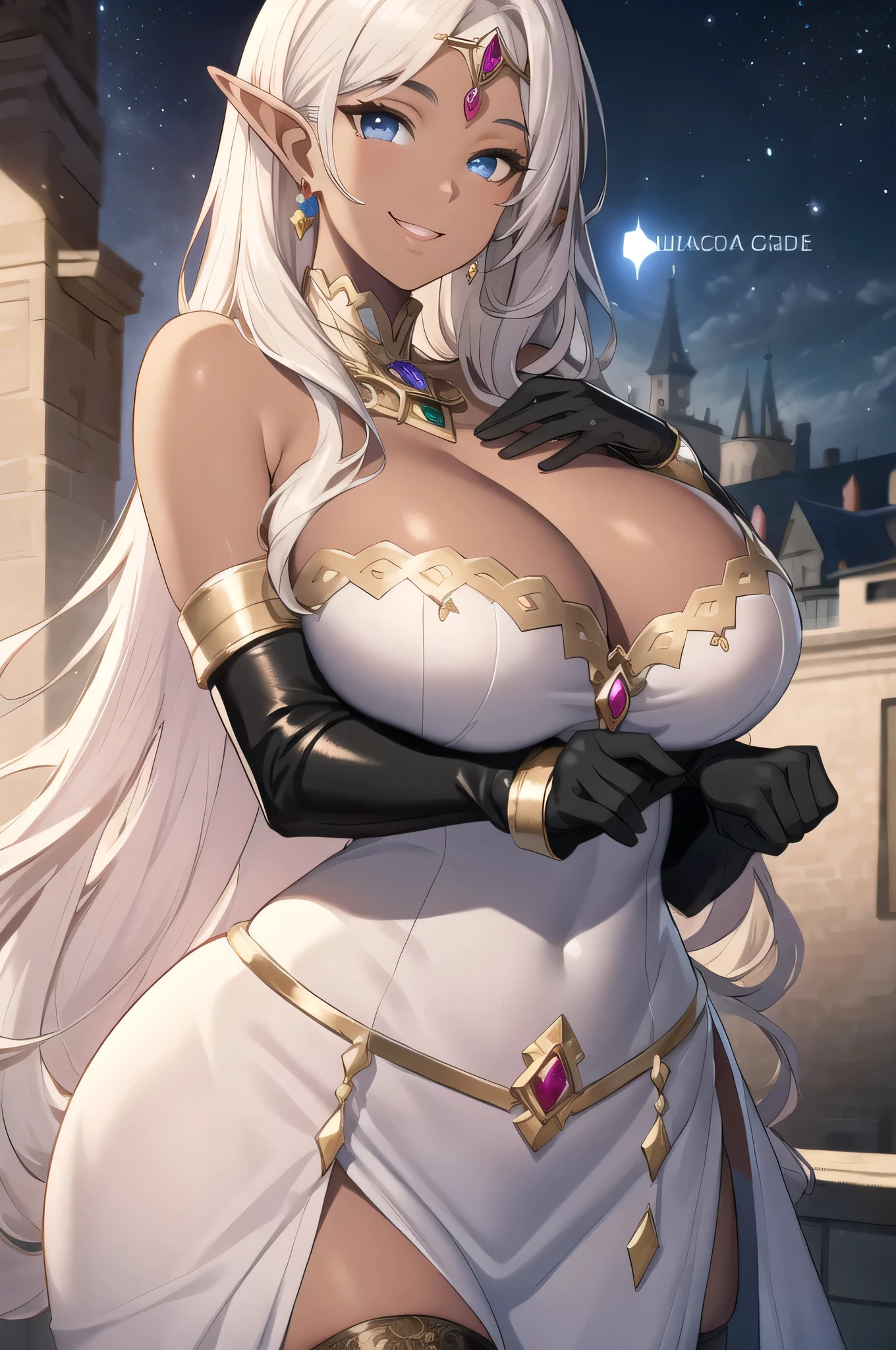 olga discordia, long black hair, long elf ears, dark elf, colored skin, brown skin, hair stick, bangs, blue eyes, solo, smiling, standing, upper body, hips, bare shoulders,purple thighhighs,white dress, gold jewelry,armor,gloves,circlet, cleavage, red and gold royal castle, gigantic breasts, (best quality, masterpiece, beautiful and aesthetic:1.2, highest detailed face, perfect face,)  eyes, perfect face,expressive eyes,
looking at viewer, in the center of the image,(Upper_body),(Focus on her face),
official art,extremely detailed CG unity 8k wallpaper, perfect lighting,Colorful, 
(masterpiece:1.0),(best_quality:1.0), ultra high res,4K,ultra-detailed
