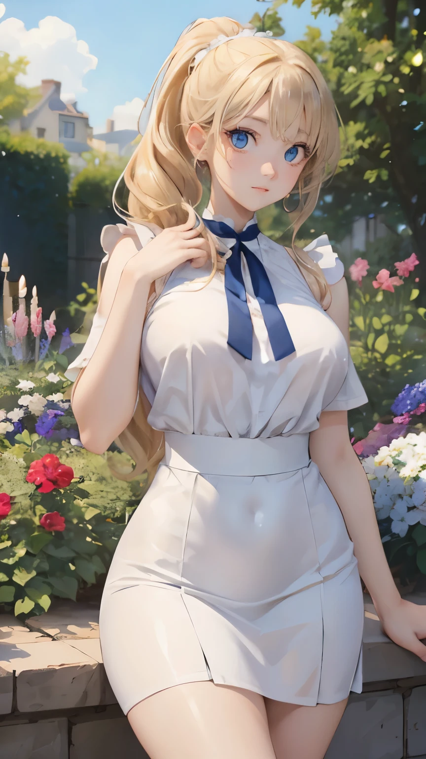 (masterpiece:1.2), (highest quality:1.2),, Curvy but slender body, perfect eyes, perfect face, perfect lighting, 1 girl, in the garden, (blouse),(I can see your feet),(maid),(ponytail),curly hair, fine clothes, detailed outdoor background, compensate, eye shadow, thick eyelashes, fantasy, looking at the viewer, whole body、blue sky、Bright and very beautiful face、young shiny glossy white shiny skin、the best beauty、the most beautiful bright blonde hair in the world、thin hair、long hair、Shining beautiful bangs、big shining blue eyes、Very beautiful and lovely 18 years old, the most beautiful girl in the world、small breasts