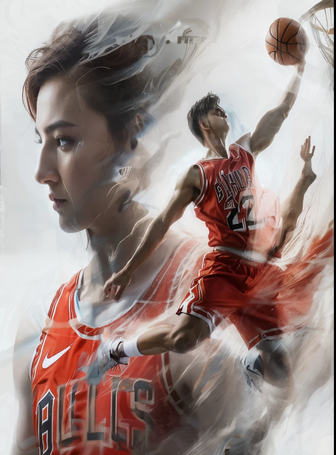 Terinspirasi dari poster film, double exposure, tertulis judul "DANIEL". seorang pria china tampan, kulit putih bersih, gaya rambut short undercut, badan midweigh, sedang melakukan slam dunk gaya air jordan, memakai kostum basket warna merah dengan tulisan BULLS nomer 23, posisi dinamis, kamera SELURUH TUBUH, detail rumit, kedalaman bidang, mahakarya, poster pemenang penghargaan, warna cerah, fotografi, mesin tidak nyata 5, penelusuran sinar