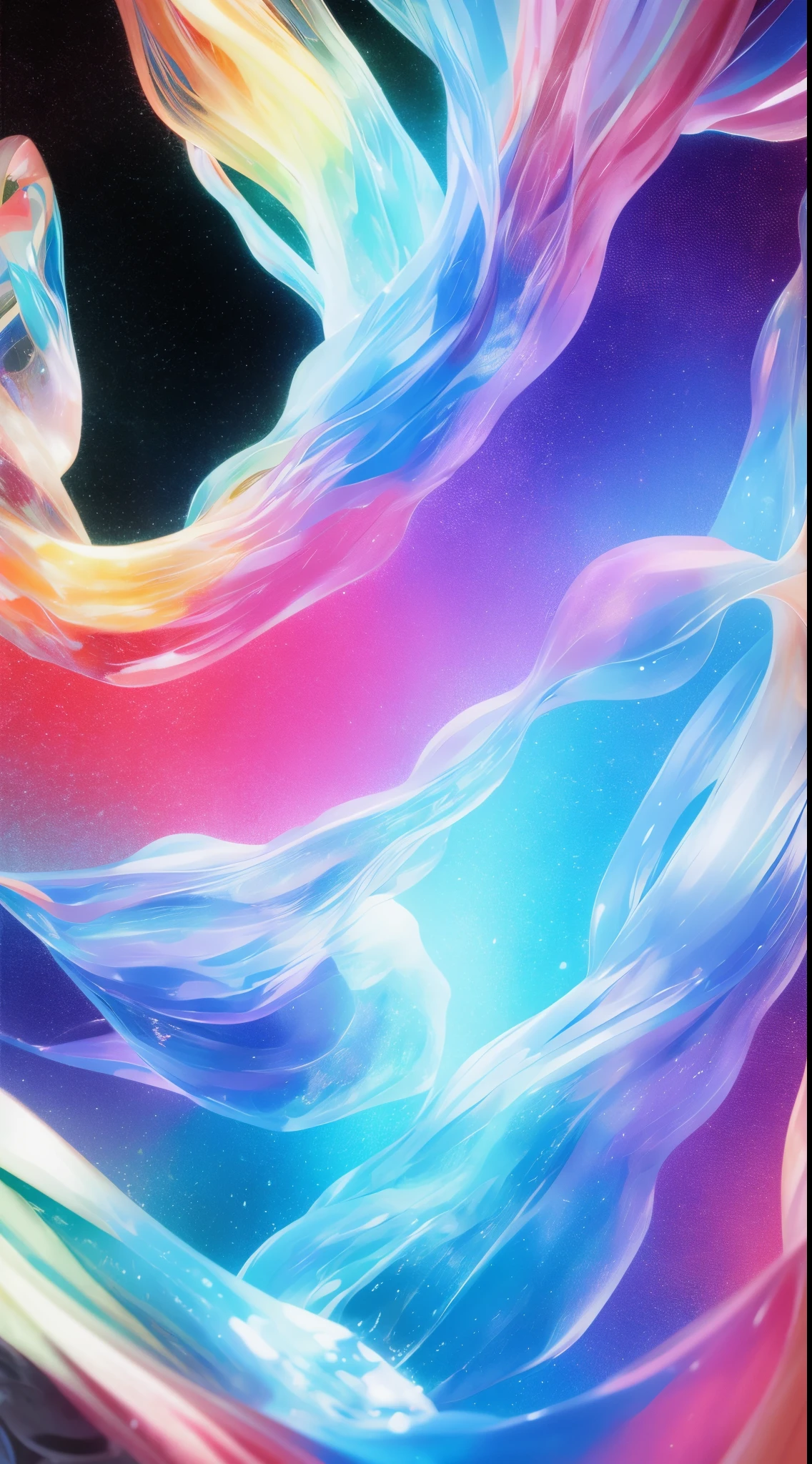 a girl,rainbow colors的头发,Romanticized nature,curls,A dreamlike realm,light white and light red,The atmosphere is very good,wave. 3d. rainbow colors. The melting beauty of the universe. Surrealism in Nebula Reflections. glass texture,Translucent,crystal