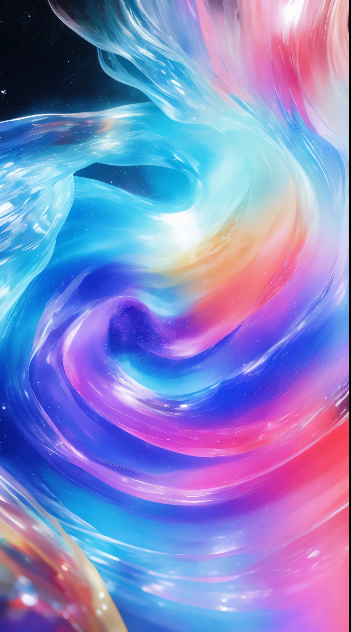 a girl,rainbow colors的头发,Romanticized nature,curls,A dreamlike realm,light white and light red,The atmosphere is very good,wave. 3d. rainbow colors. The melting beauty of the universe. Surrealism in Nebula Reflections. glass texture,Translucent,crystal