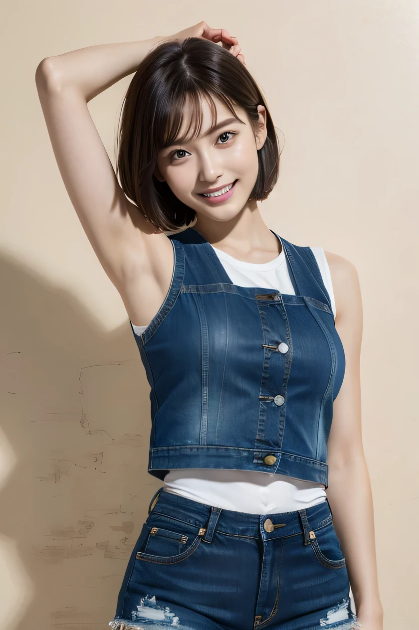 (girl with:1.3), Short hair, Amazing face and eyes, Looking at the camera, Smile full of joy、The emergence of temptation、show teeth、Model Standing、Raise your hands behind your head、Show the armpits、Twist your hips、(denim sleeveless vest、brightly colored micro bikini, denim hot-pants:1.2),(Best Quality:1.4), extremely detailed CG unified 8k wallpaper, Highly detailed, High-definition raw color photos, professional photograpy, Realistic full-body shots, Filming in the studio、Plain wallpaper, sexy portrait of girl, Open exterior