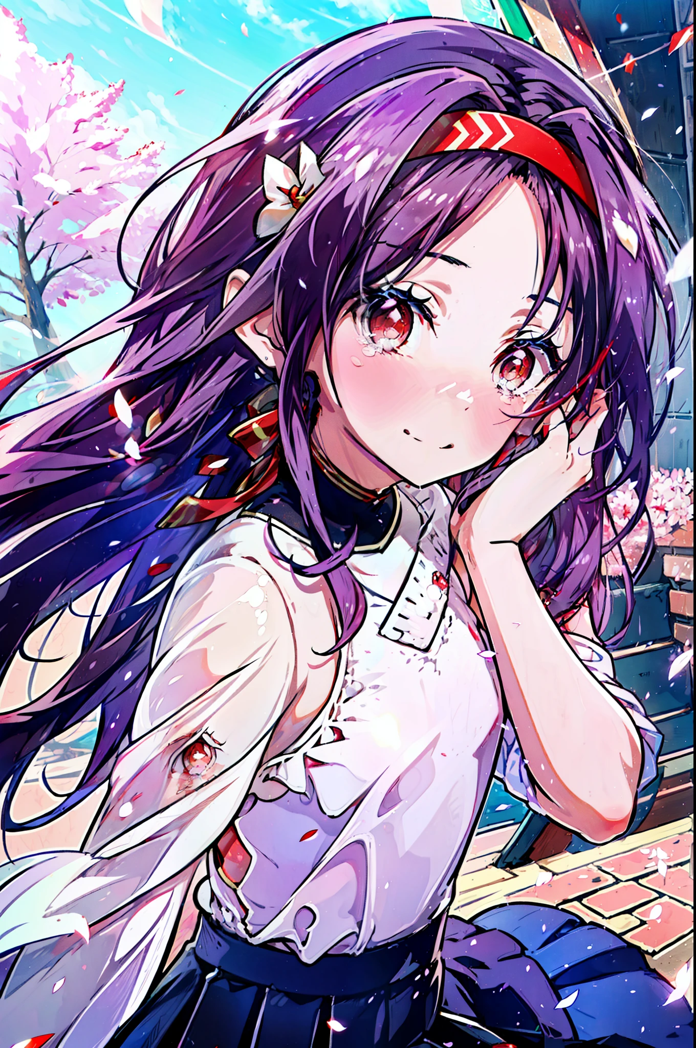 yuukikonno, Yuki Konno, hair band, long hair, pointed ears, purple hair, Ahoge,(red eyes:1.5), (small breasts:1.2), smile,blush,happy atmosphere,
tears run down her face,Crying with joy,
high school uniform,white dress shirt,red ribbon,purple blazer,black pleated skirt,white pantyhose,brown loafers,Cherry blossom tree-lined path,Cherry blossoms are scattered,
break looking at viewer, Upper body, whole body,
break outdoors, School gates,
break (masterpiece:1.2), highest quality, High resolution, unity 8k wallpaper, (figure:0.8), (detailed and beautiful eyes:1.6), highly detailed face, perfect lighting, Very detailed CG, (perfect hands, perfect anatomy),