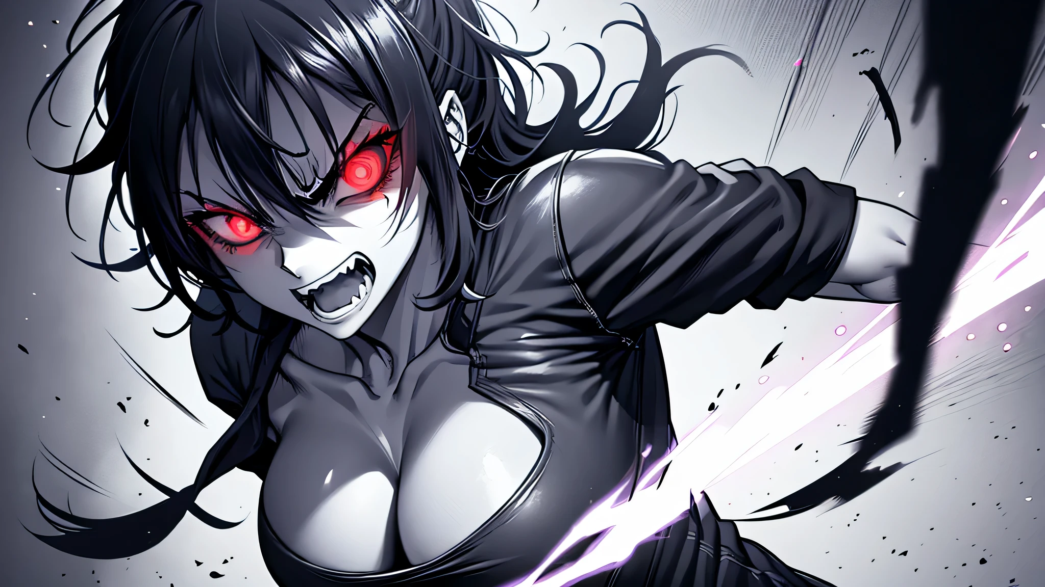 (masterpiece, best quality, high quality, highres), rage , 1girl, upper body, manga, evil eyes, greyscale, glowing eyes, power