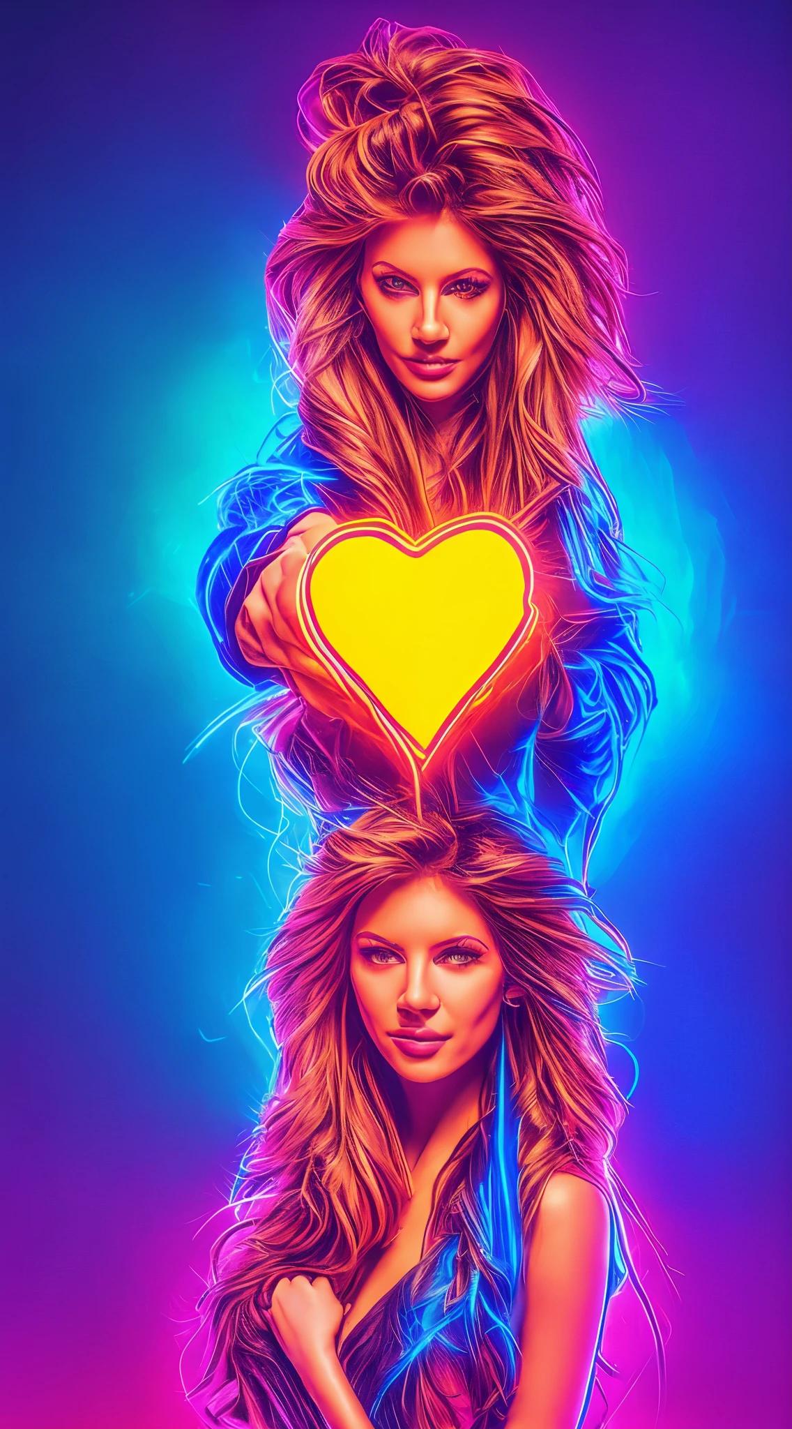 a woman with bright hair and sunglasses holding a heart shaped object, neon digital art, neon light and fantasy, ultraviolet and neon colors, colorful digital art, colorfull digital fantasy art, 3 d neon art of a womens body, neon art style, gorgeous digital art, colourful digital art, neon art, neon coloring, psychedelic digital art, colorful art, vibrant neon colors