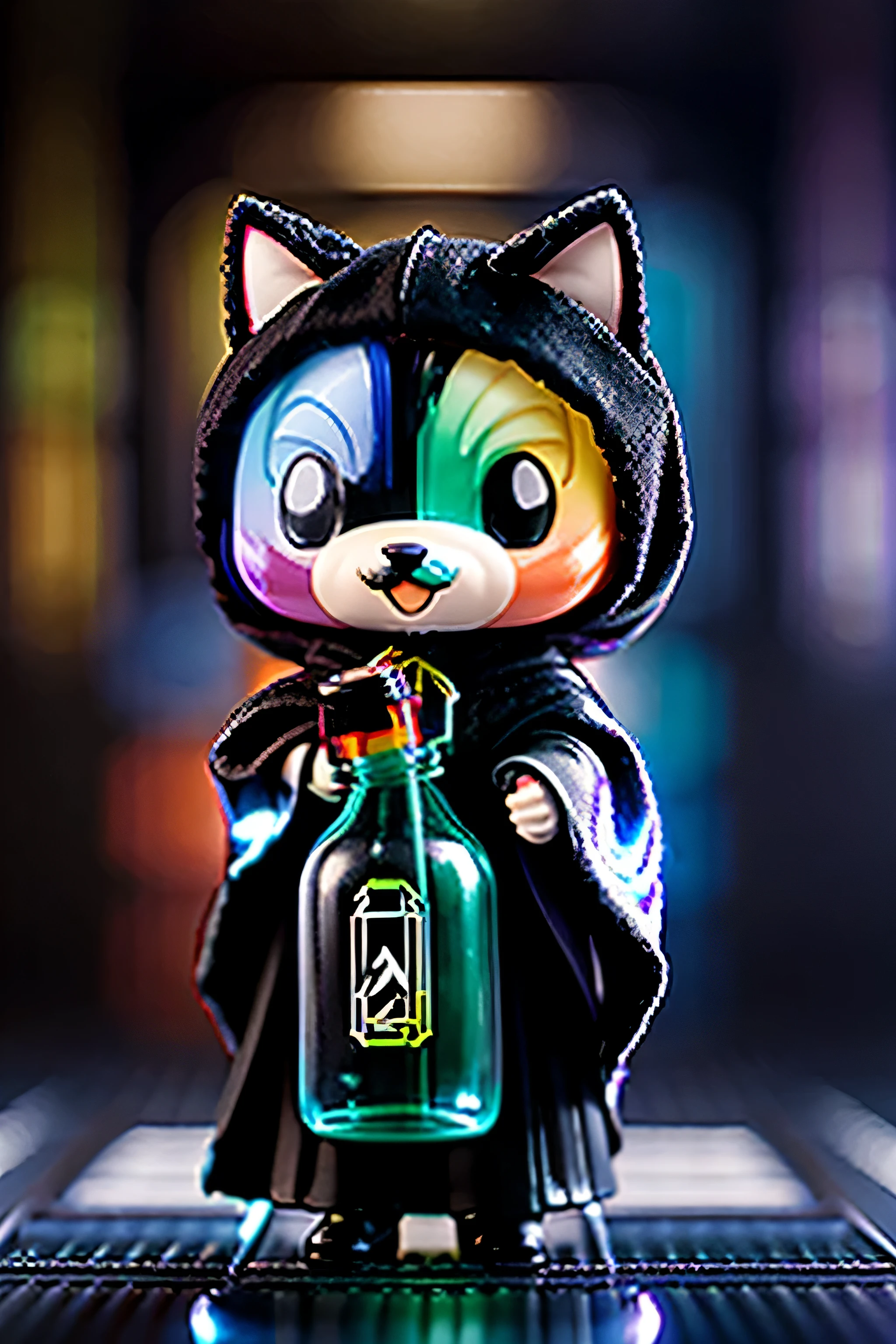 popmart style, Nendoroid style, Wizard Cat Plush Toy, Wearing a dark wizard robe, super gorgeous, Carry a clear glass bottle of toxic potion ::1.2.Put on the glass cover,
q, lol, portrait, actual, photo, actual,
hairy, Shiny mane, detailed details, cyberpunk,
Nendoroid style, disney style, center, a lot of light, Solid background, Colorful octane rendering, symmetry, Unreal Engine--niji 5--Style Expression--s 750--ar 3:4