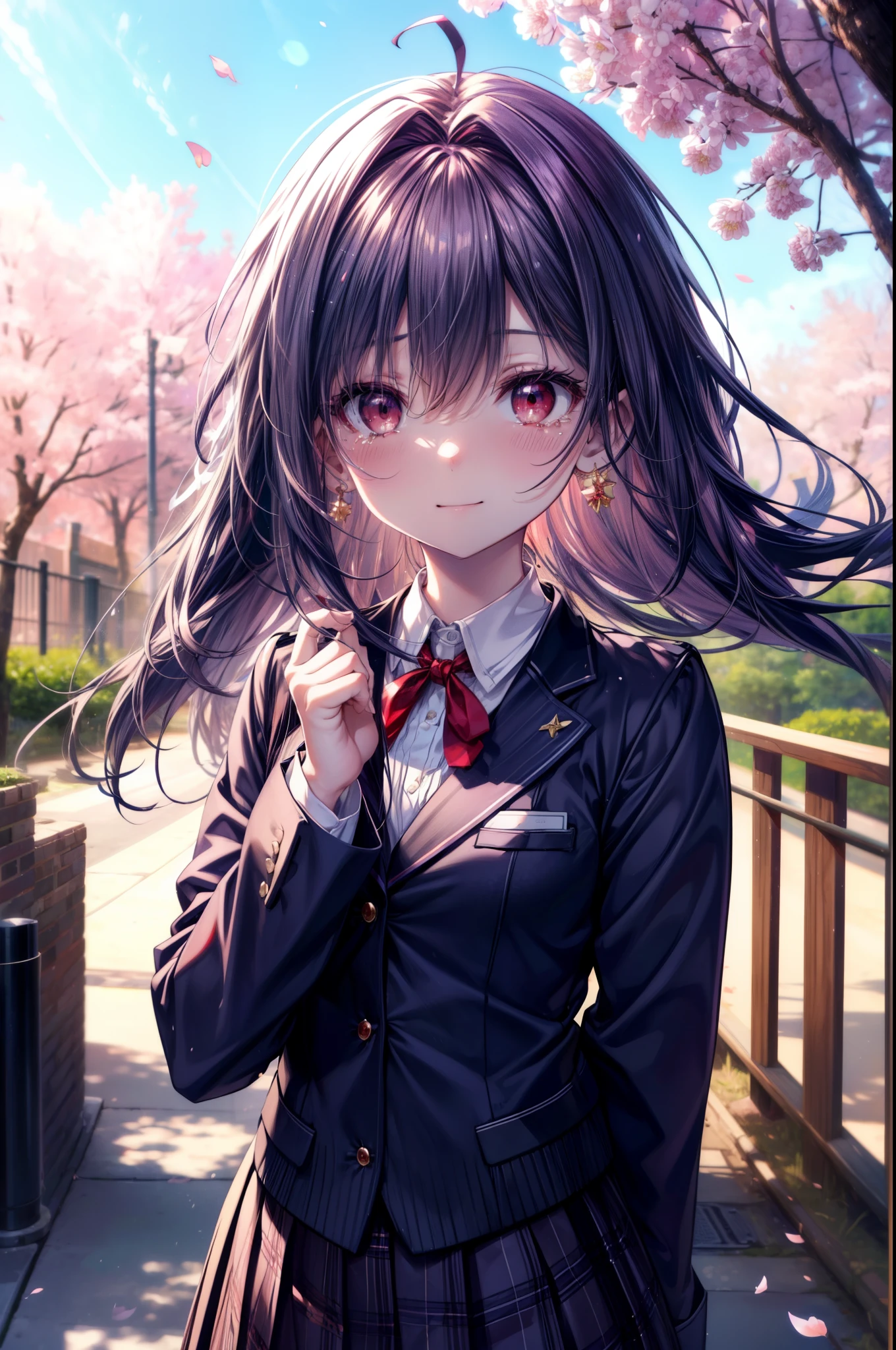 yuukikonno, Yuki Konno, hair band, long hair, pointed ears, purple hair, Ahoge,(red eyes:1.5), (small breasts:1.2), smile,blush,happy atmosphere,
tears run down her face,Crying with joy,
high school uniform,white dress shirt,red ribbon,purple blazer,black pleated skirt,white pantyhose,brown loafers,Cherry blossom tree-lined path,Cherry blossoms are scattered,
break looking at viewer, Upper body, whole body,
break outdoors, School gates,
break (masterpiece:1.2), highest quality, High resolution, unity 8k wallpaper, (figure:0.8), (detailed and beautiful eyes:1.6), highly detailed face, perfect lighting, Very detailed CG, (perfect hands, perfect anatomy),