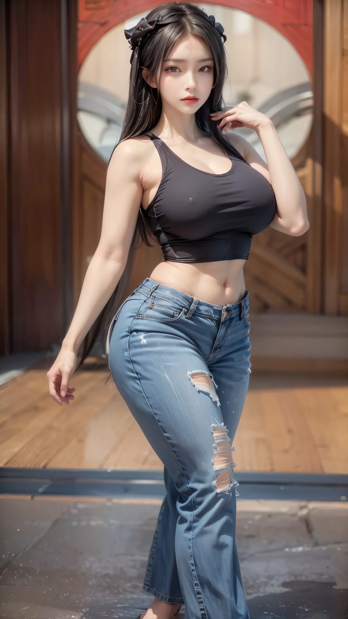realistic, 1 women , Per HD, 12k, 1080p, wearing Allstars shoes, slim body, rather big body, six pack body, big round breasts, no clothes, beautiful breasts, looking at the camera, sitting on the sofa, transparent and genitals clear, long black hair, face details, person details, body details, clothing details, hair details, body details, body details, breast details, vagina details, clothes, eye details, sweat details, water details, pose (knees bent and feet opened wide) whole body