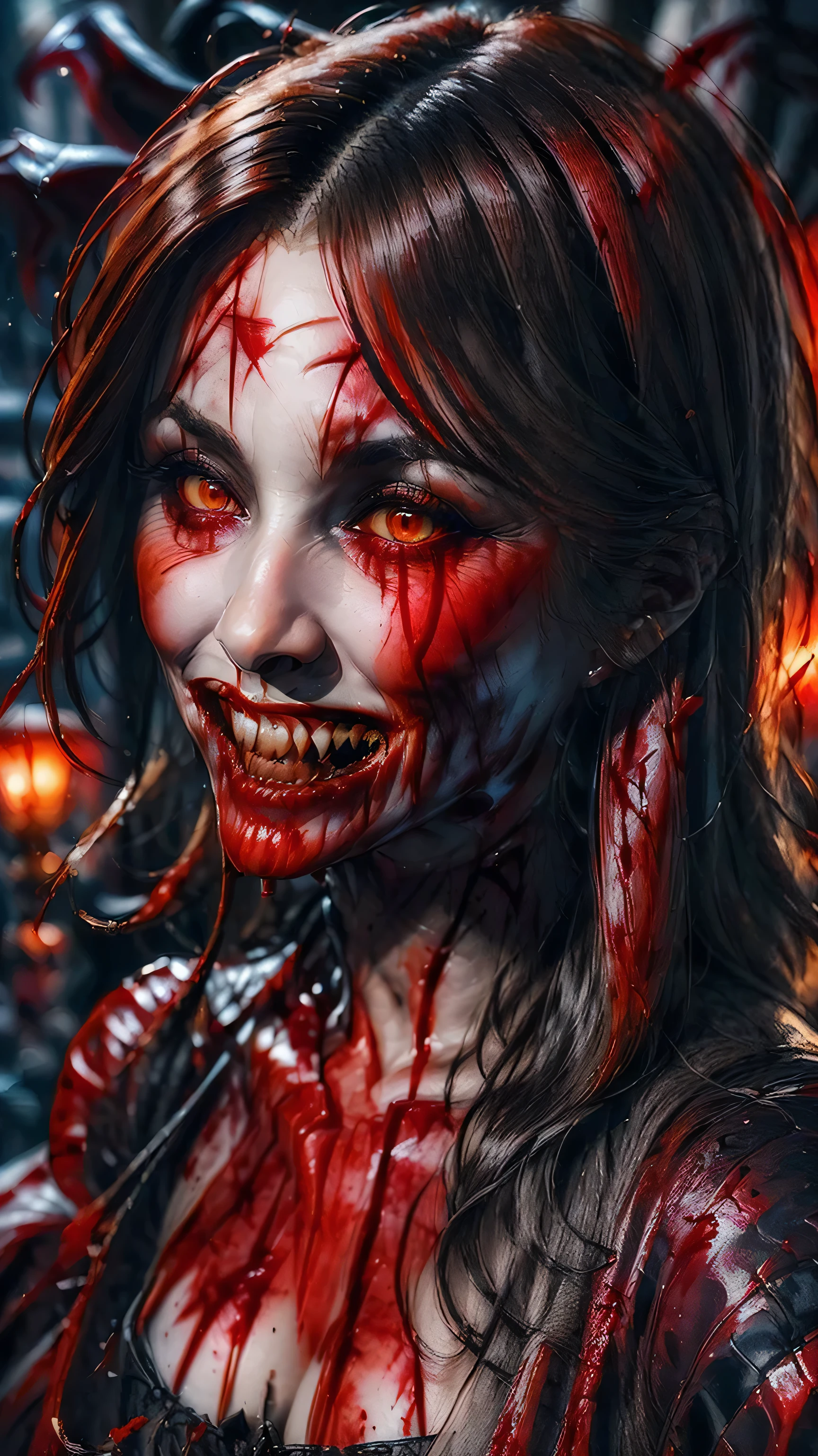 ((close up of face)))、(ultra-detailed)、Ultra-realistic movie master pie with ultra-detailed primetime portraits, 最high quality, 8K, table top, Ultra HD, 1 girl 22 years old、fashion supermodel, blonde curly hair、最high quality, high quality, High resolution、vampire, (((a lot of blood flowing out of her mouth down her face:1.66))), beautiful, sensual, (((teeth like dracula:1.66))). (dressed in a very complicated Extravagant street outfit), real:1.7、photorealistic:1.7、very delicate and beautiful、((masterpiece:1.3)), ((absurdres))、((sharp fous))、(beautiful face:1.45)、(detailed face:1.4)、(detailed eyes:1.35)、(detailed lips:1.2)、(Detailed nose:1.2)、(Glamour, paparazzi taking pictures of her)、((light dark short hair、extremely detailed, professionally made hairstyles))、 (red_eyeshadows:1.5)、 (dark red_lipstick:1.42)、((perfect round eyes))、 ((red_eyes:1.4))、 black_makeup:1.35、((a mocking smile, blood dripping from the corners of his mouth))、(Increase quality:1.4), (best quality real texture skin:1.4),