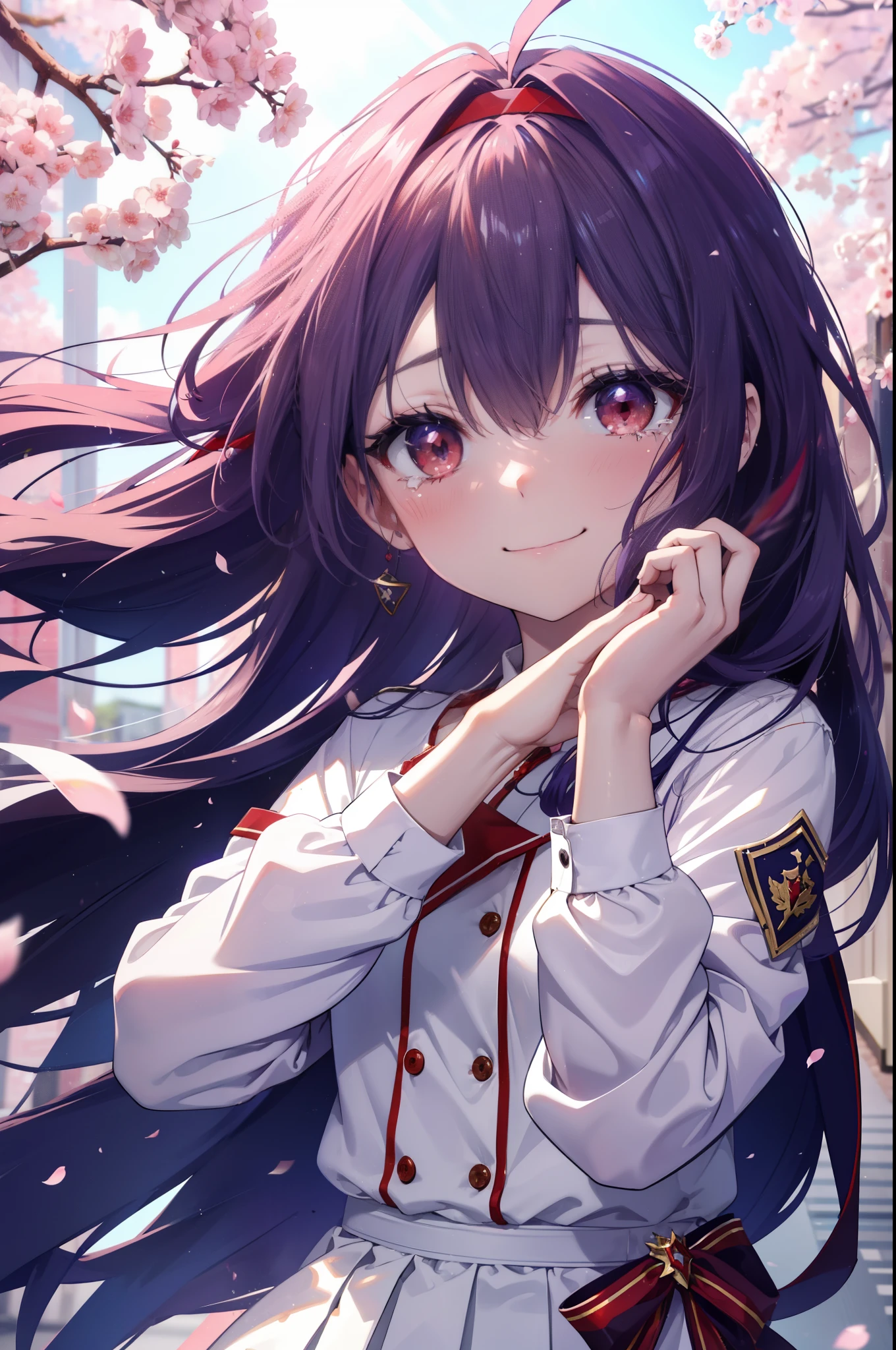 yuukikonno, Yuki Konno, hair band, long hair, pointed ears, purple hair, Ahoge,(red eyes:1.5), (small breasts:1.2), smile,blush,happy atmosphere,
tears run down her face,Crying with joy,
high school uniform,white dress shirt,red ribbon,purple blazer,black pleated skirt,white pantyhose,brown loafers,Cherry blossom tree-lined path,Cherry blossoms are scattered,
break looking at viewer, Upper body, whole body,
break outdoors, School gates,
break (masterpiece:1.2), highest quality, High resolution, unity 8k wallpaper, (figure:0.8), (detailed and beautiful eyes:1.6), highly detailed face, perfect lighting, Very detailed CG, (perfect hands, perfect anatomy),