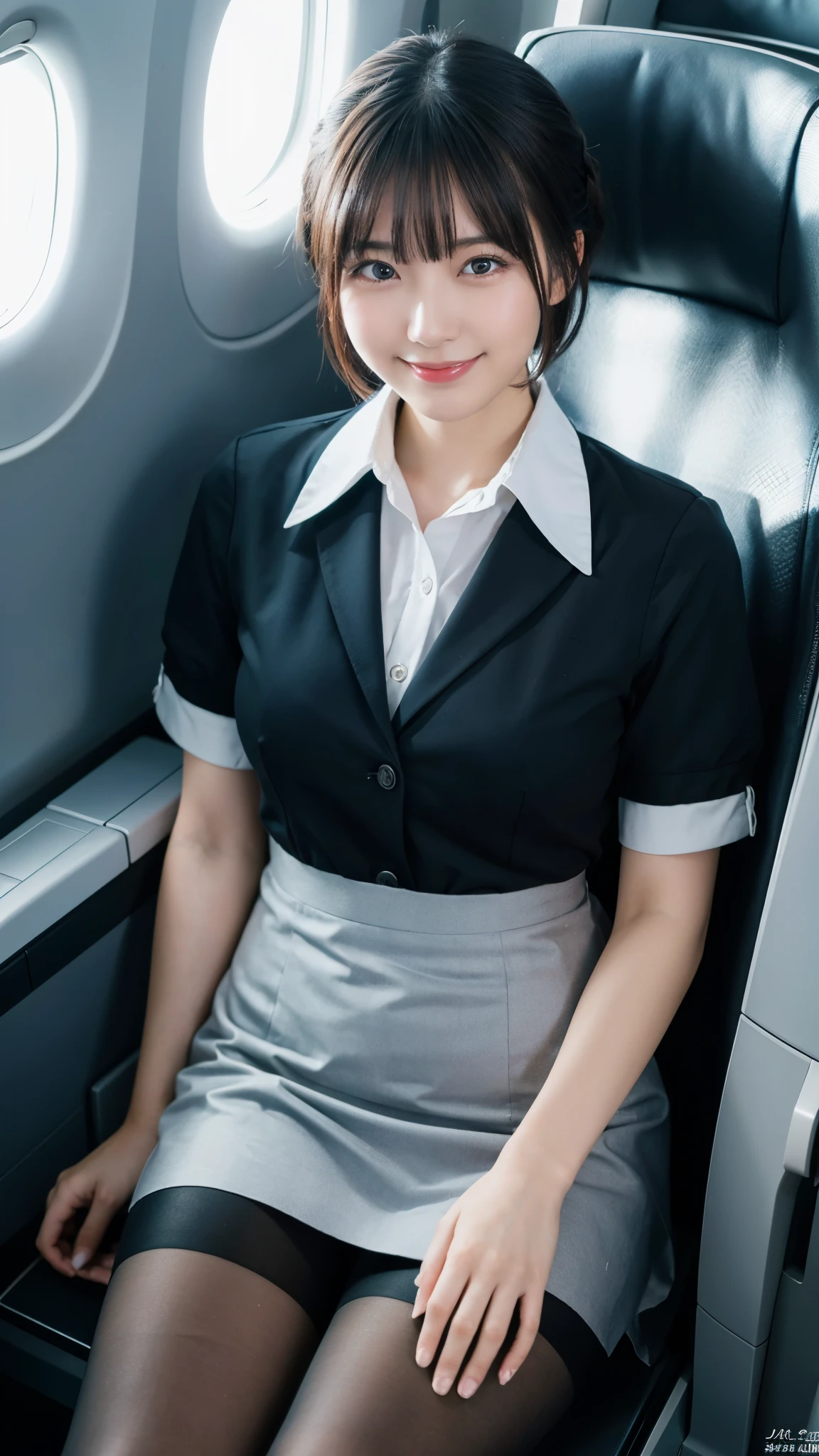(highest quality,masterpiece:1.3,ultra high resolution),(Super detailed,caustics,8k),(photorealistic:1.4,RAW shooting),25 years old,Japanese,cute,stewardess uniform,black short hair,tights,look up at the camera with a smile,big ,sit on the seat,inside the plane,high position,high angle,Natural light