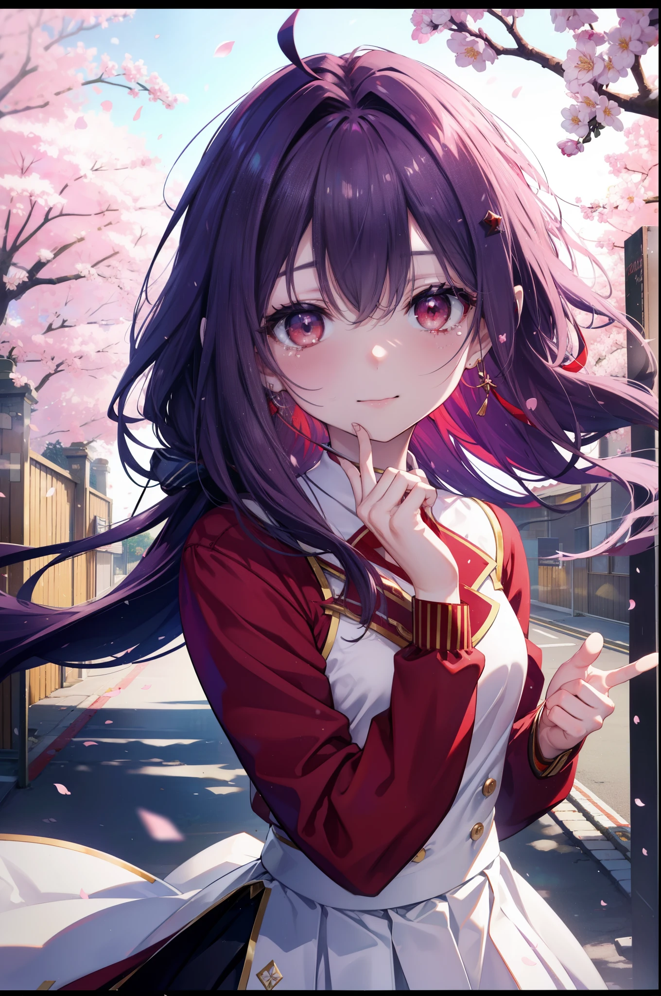 yuukikonno, Yuki Konno, hair band, long hair, pointed ears, purple hair, Ahoge,(red eyes:1.5), (small breasts:1.2), smile,blush,happy atmosphere,
tears run down her face,Crying with joy,
high school uniform,white dress shirt,red ribbon,purple blazer,black pleated skirt,white pantyhose,brown loafers,Cherry blossom tree-lined path,Cherry blossoms are scattered,
break looking at viewer, Upper body, whole body,
break outdoors, School gates,
break (masterpiece:1.2), highest quality, High resolution, unity 8k wallpaper, (figure:0.8), (detailed and beautiful eyes:1.6), highly detailed face, perfect lighting, Very detailed CG, (perfect hands, perfect anatomy),