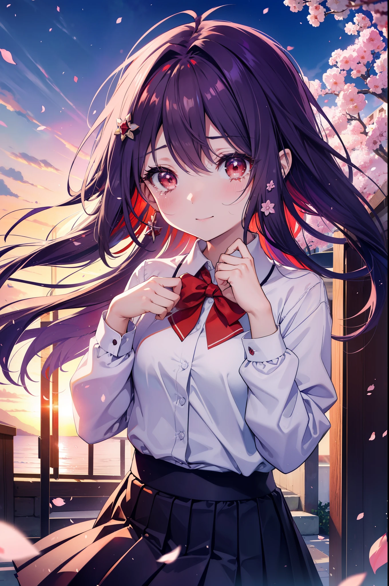 yuukikonno, Yuki Konno, hair band, long hair, pointed ears, purple hair, Ahoge,(red eyes:1.5), (small breasts:1.2), smile,blush,happy atmosphere,
tears run down her face,Crying with joy,
high school uniform,white dress shirt,red ribbon,purple blazer,black pleated skirt,white pantyhose,brown loafers,Cherry blossom tree-lined path,Cherry blossoms are scattered,
break looking at viewer, Upper body, whole body,
break outdoors, School gates,
break (masterpiece:1.2), highest quality, High resolution, unity 8k wallpaper, (figure:0.8), (detailed and beautiful eyes:1.6), highly detailed face, perfect lighting, Very detailed CG, (perfect hands, perfect anatomy),