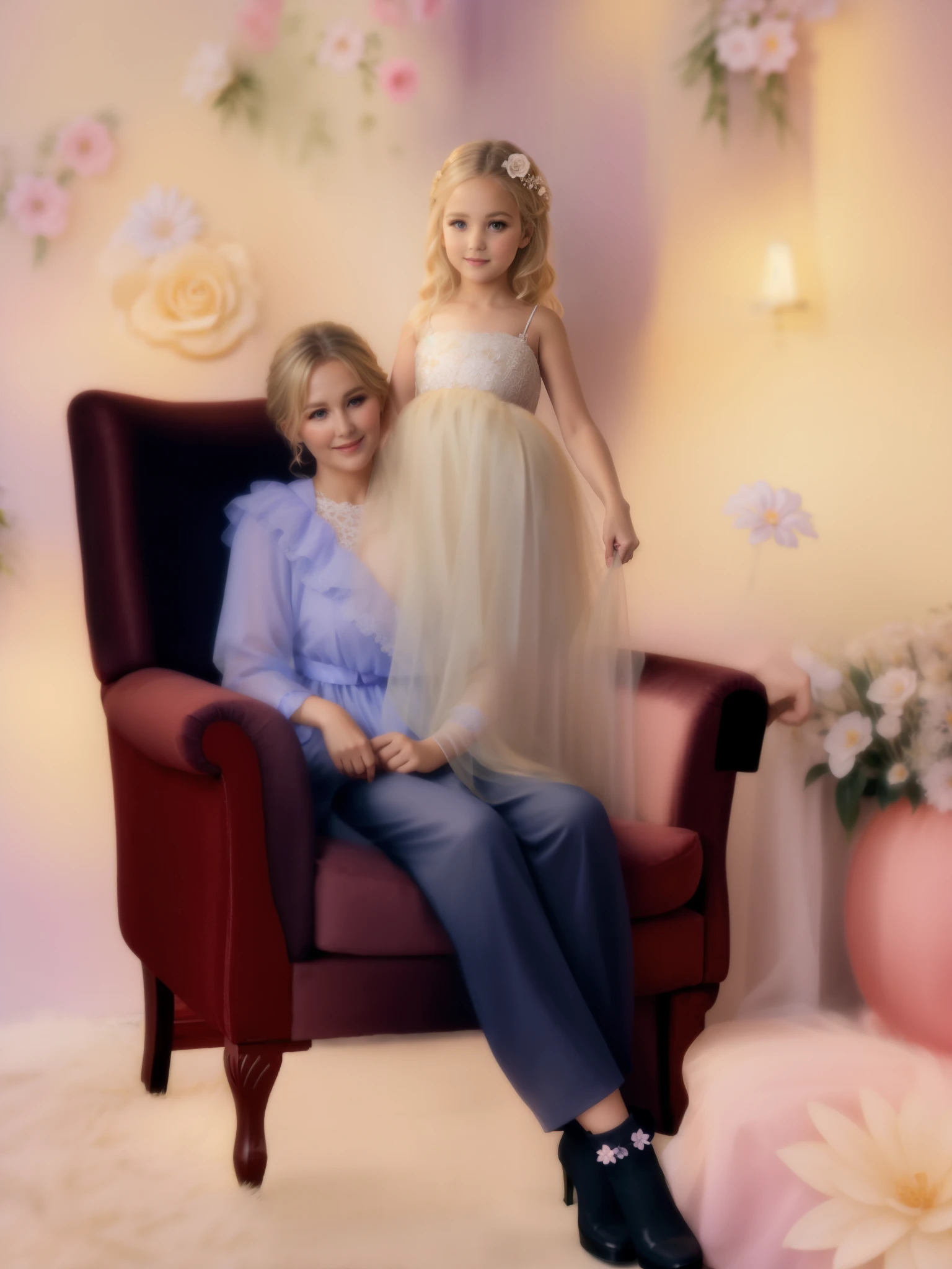 Grandmother sitting in a chair , granddaughter in a beautiful ball gown with beautiful blond hair , there are flowers around 