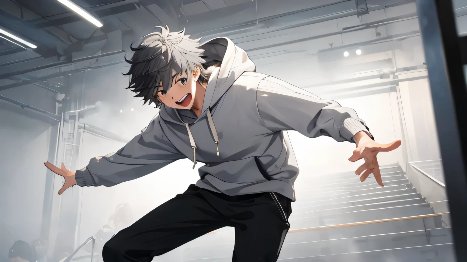 (masterpiece、最high quality、high quality)、1 person、20 year old boy、(laughter))look at the audience、gray hair、straight hair medium、fluffy hair、gray eyes、white hoodie、black pants、dynamic angle、running、white background