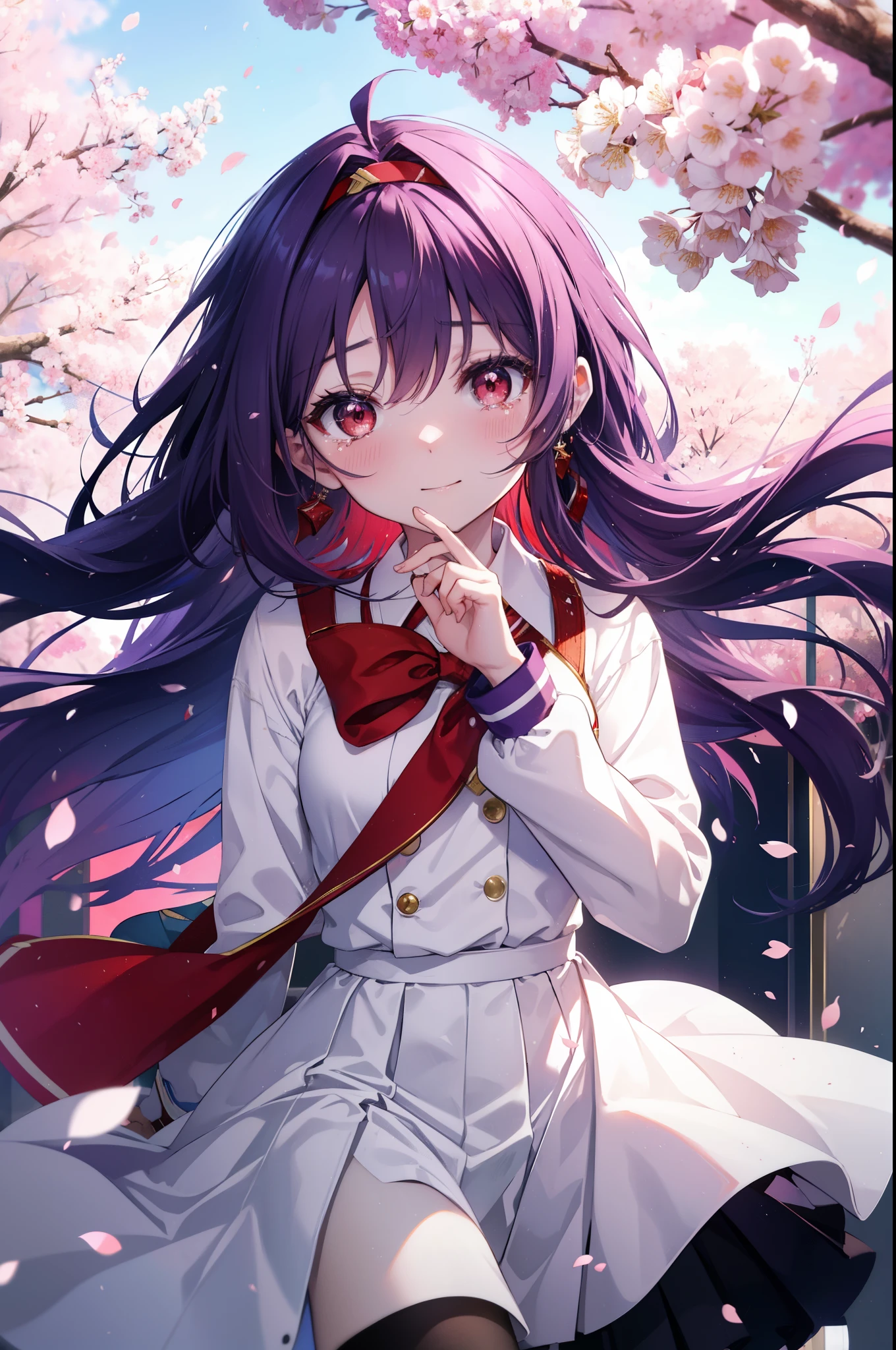yuukikonno, Yuki Konno, hair band, long hair, pointed ears, purple hair, Ahoge,(red eyes:1.5), (small breasts:1.2), smile,blush,happy atmosphere,
tears run down her face,Crying with joy,
high school uniform,white dress shirt,red ribbon,purple blazer,black pleated skirt,white pantyhose,brown loafers,Cherry blossom tree-lined path,Cherry blossoms are scattered,
break looking at viewer, Upper body, whole body,
break outdoors, School gates,
break (masterpiece:1.2), highest quality, High resolution, unity 8k wallpaper, (figure:0.8), (detailed and beautiful eyes:1.6), highly detailed face, perfect lighting, Very detailed CG, (perfect hands, perfect anatomy),