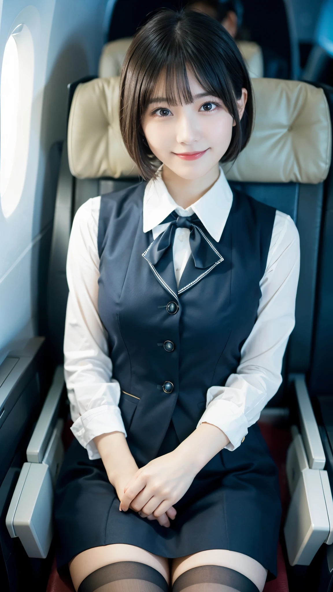 (highest quality,masterpiece:1.3,ultra high resolution),(Super detailed,caustics,8k),(photorealistic:1.4,RAW shooting),25 years old,Japanese,cute,stewardess uniform,black short hair,tights,look up at the camera with a smile,big ,sit on the seat,inside the plane,high position,high angle,face focus,Natural light