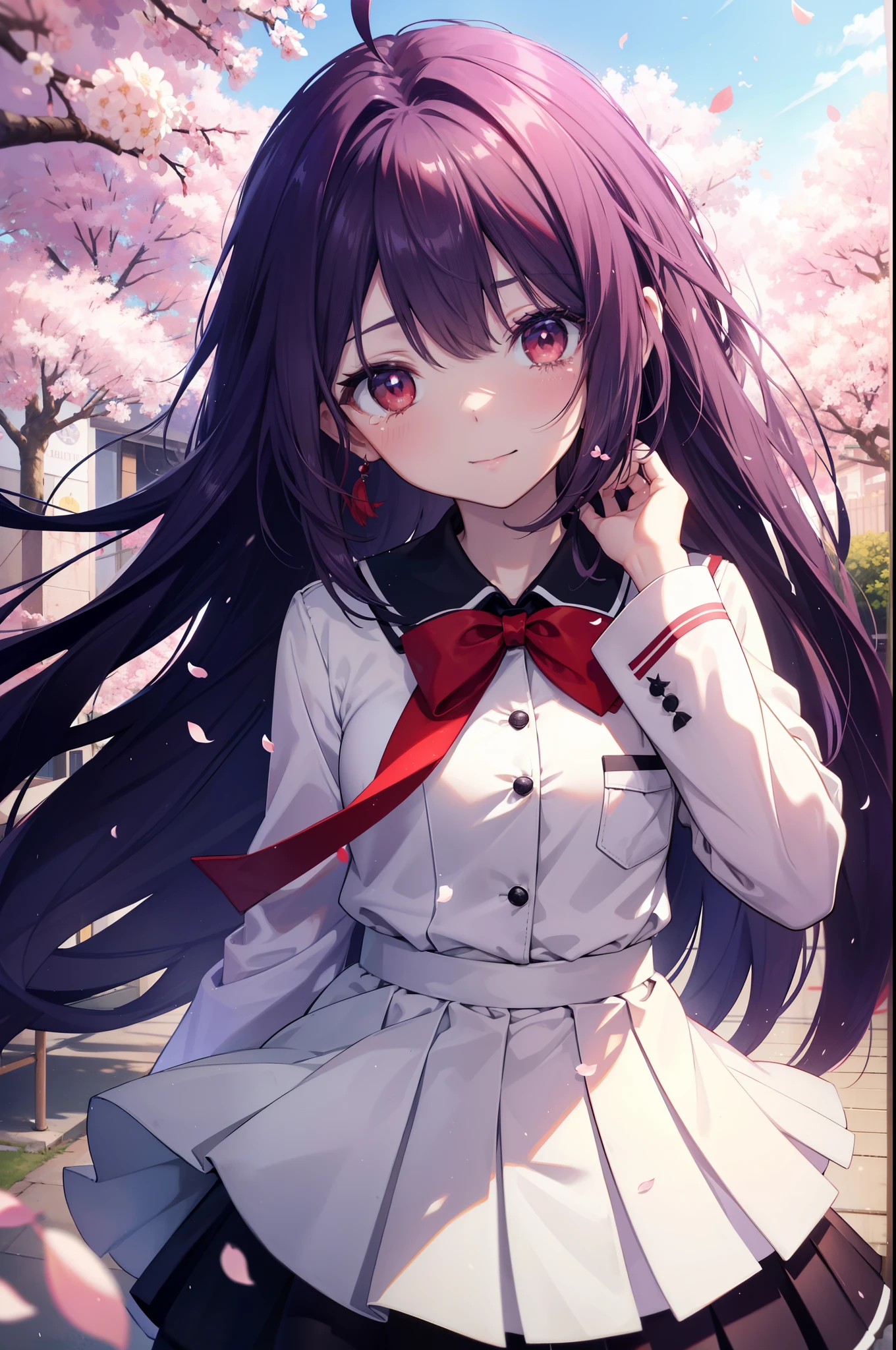 yuukikonno, Yuki Konno, hair band, long hair, pointed ears, purple hair, Ahoge,(red eyes:1.5), (small breasts:1.2), smile,blush,happy atmosphere,
tears run down her face,Crying with joy,graduation ceremony,A red corsage is attached to the chest pocket.、
high school uniform,white dress shirt,red ribbon,purple blazer,black pleated skirt,white pantyhose,brown loafers,Cherry blossom tree-lined path,Cherry blossoms are scattered,
break looking at viewer, Upper body, whole body,
break outdoors, School gates,
break (masterpiece:1.2), highest quality, High resolution, unity 8k wallpaper, (figure:0.8), (detailed and beautiful eyes:1.6), highly detailed face, perfect lighting, Very detailed CG, (perfect hands, perfect ???????),